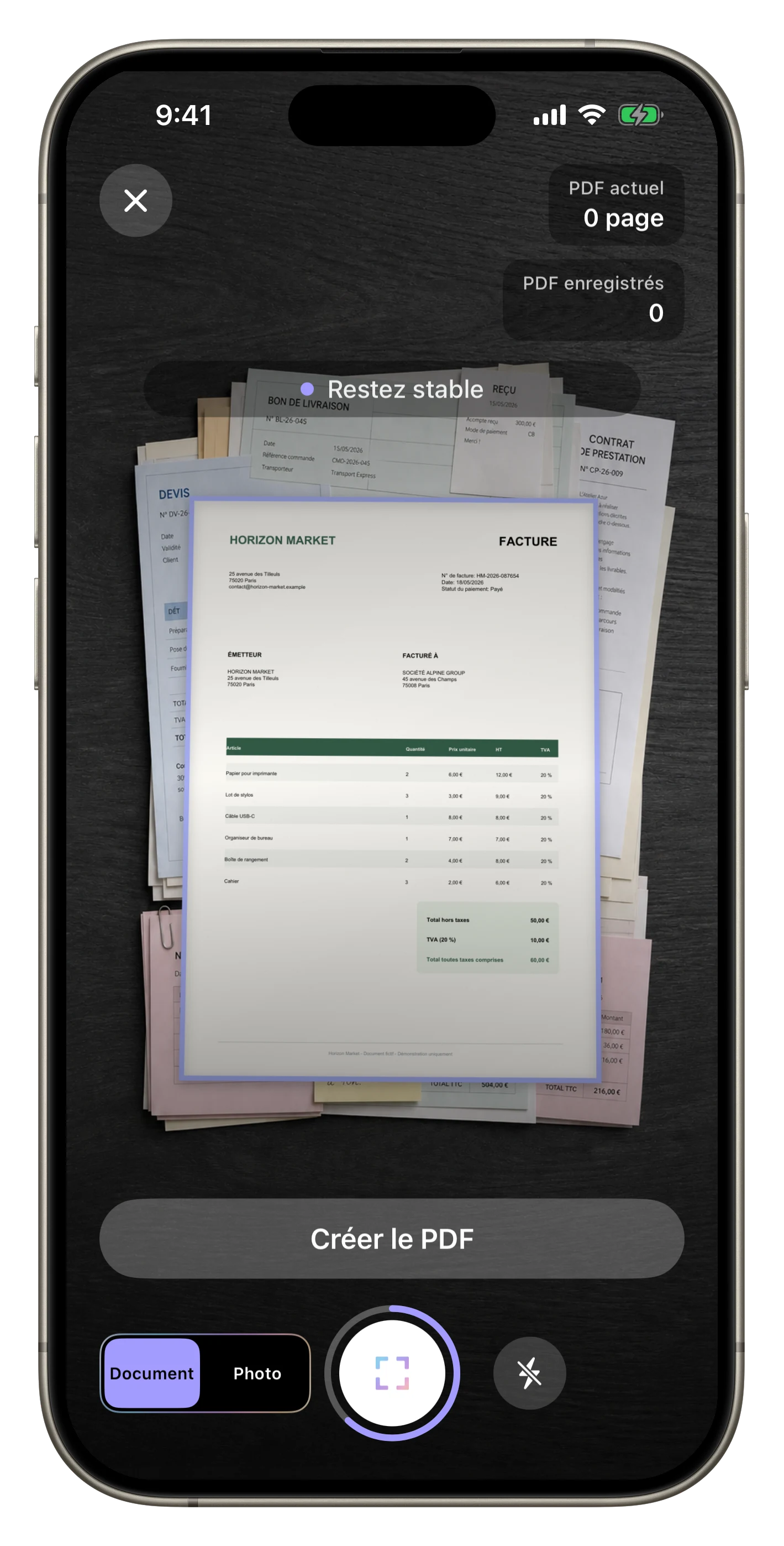 Multi-PDF continu — Un PDF est enregistré et l’appareil photo reste prêt pour le document suivant.