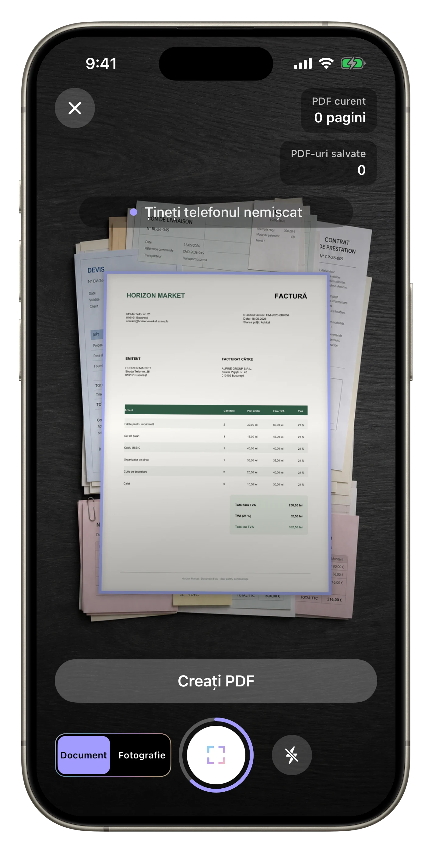 Scanare multi-PDF continuă — Un PDF este salvat și camera rămâne pregătită pentru următorul document.