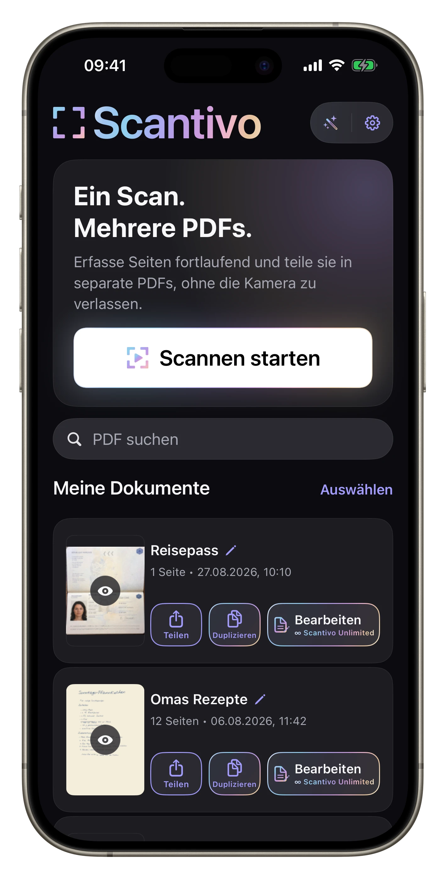 Aktionen, die sofort verständlich sind — In der Detailansicht erhält jedes Symbol eine Beschriftung, damit die Aktion sofort erkennbar ist.