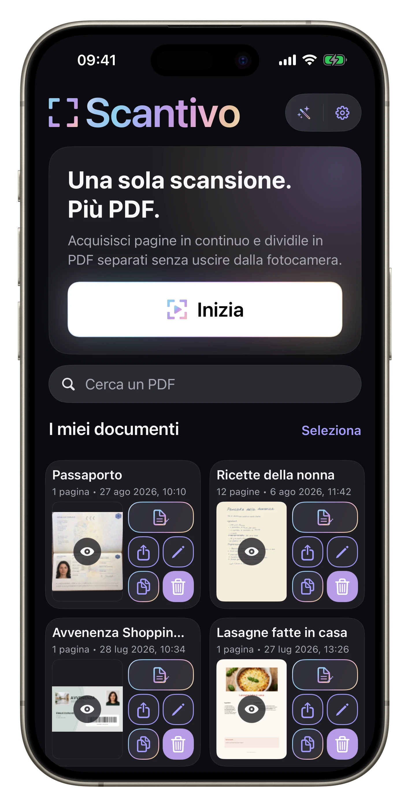 Una vista più compatta — La vista compatta riduce le etichette per mostrare più documenti mantenendo le stesse azioni.