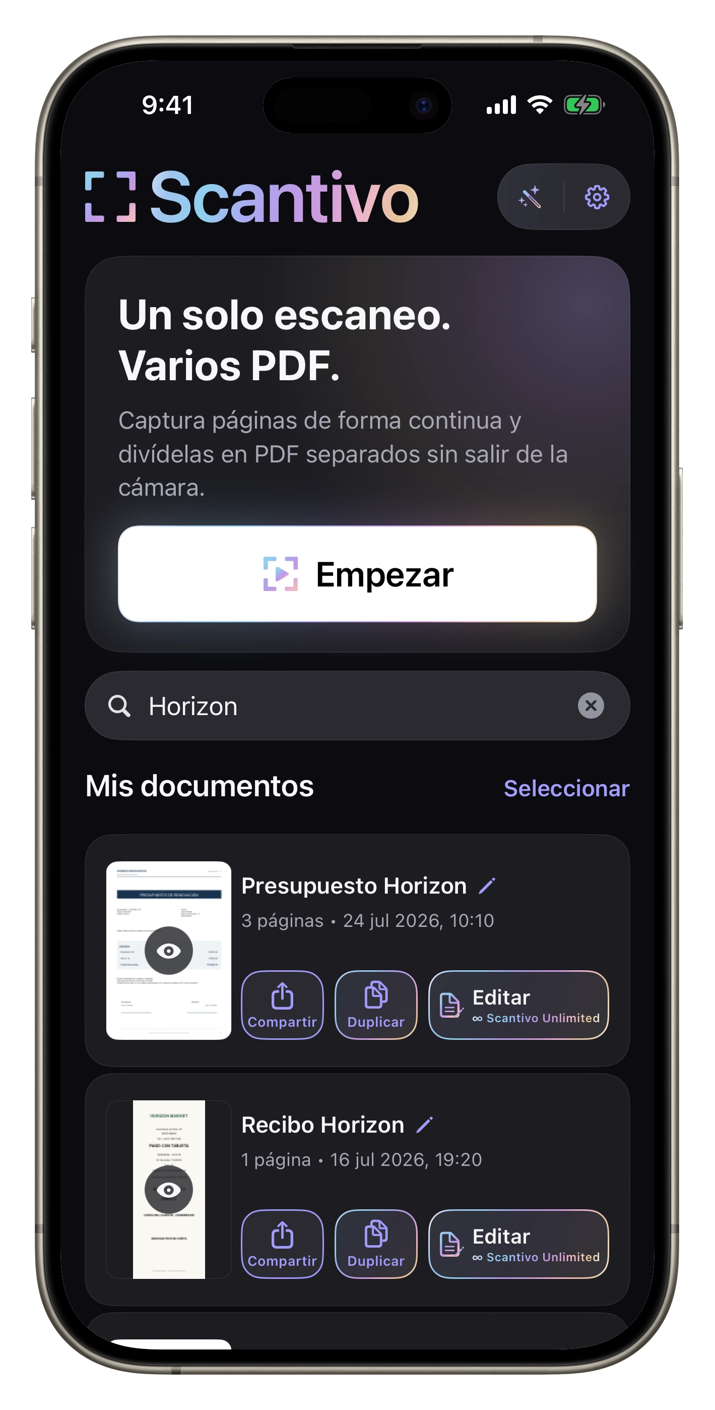 Búsqueda instantánea — «Horizon» filtra los PDF por nombre; Unlimited también busca en su contenido.