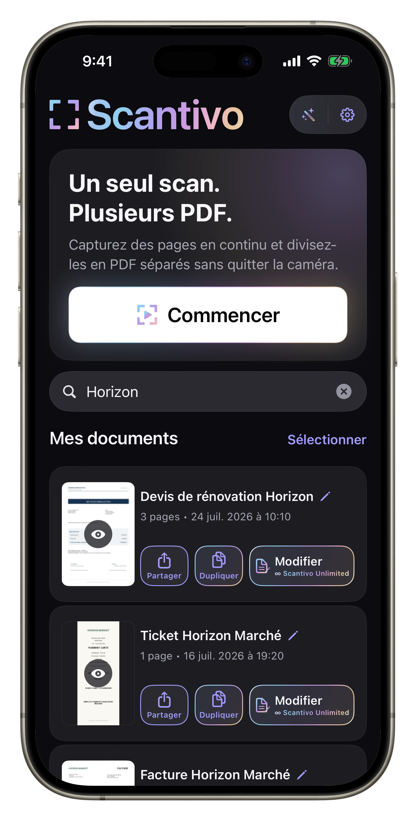 Recherche instantanée — « Horizon » filtre les PDF par nom ; Unlimited recherche aussi dans leur contenu.