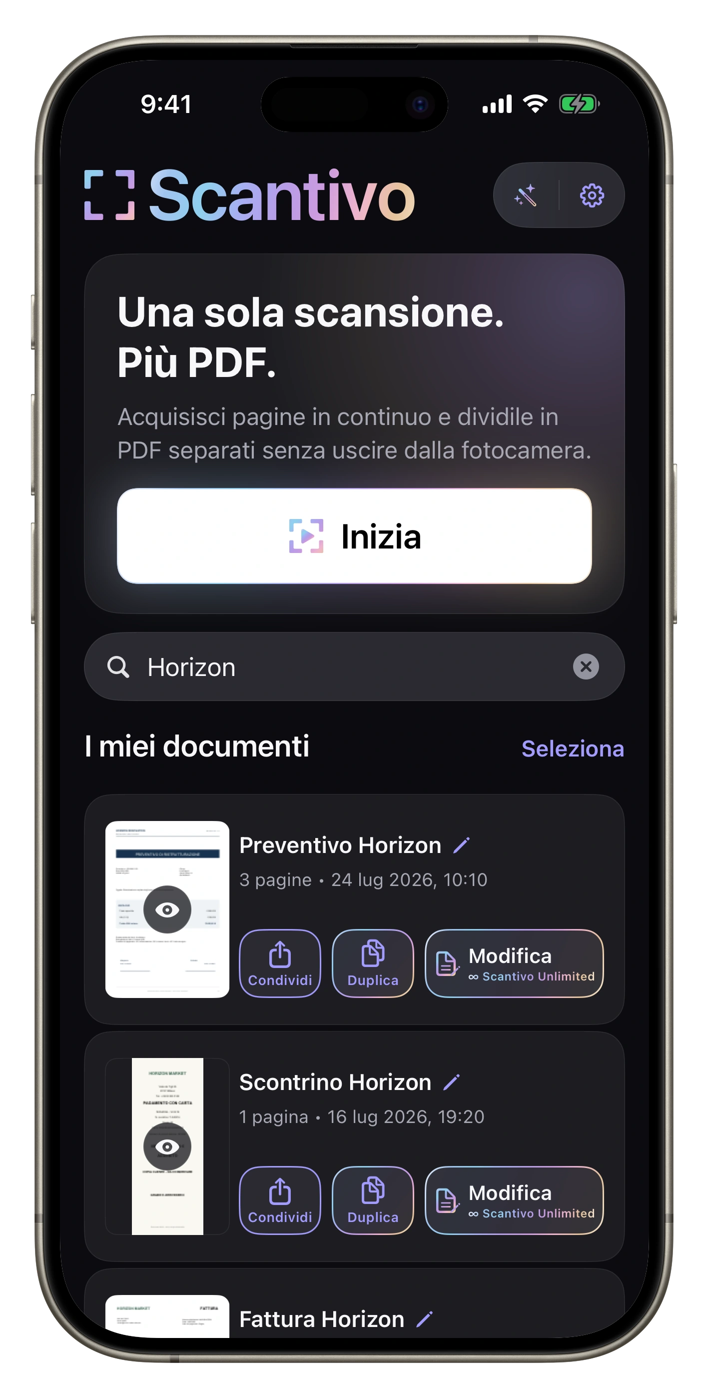 Ricerca istantanea — “Horizon” filtra i PDF per nome; Unlimited cerca anche nel loro contenuto.