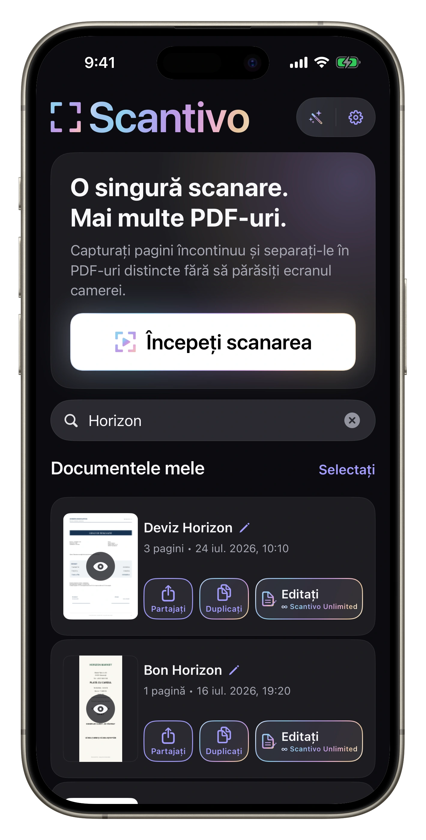 Căutare instantanee — „Orizont” filtrează PDF-urile după nume; Unlimited caută și conținutul lor.
