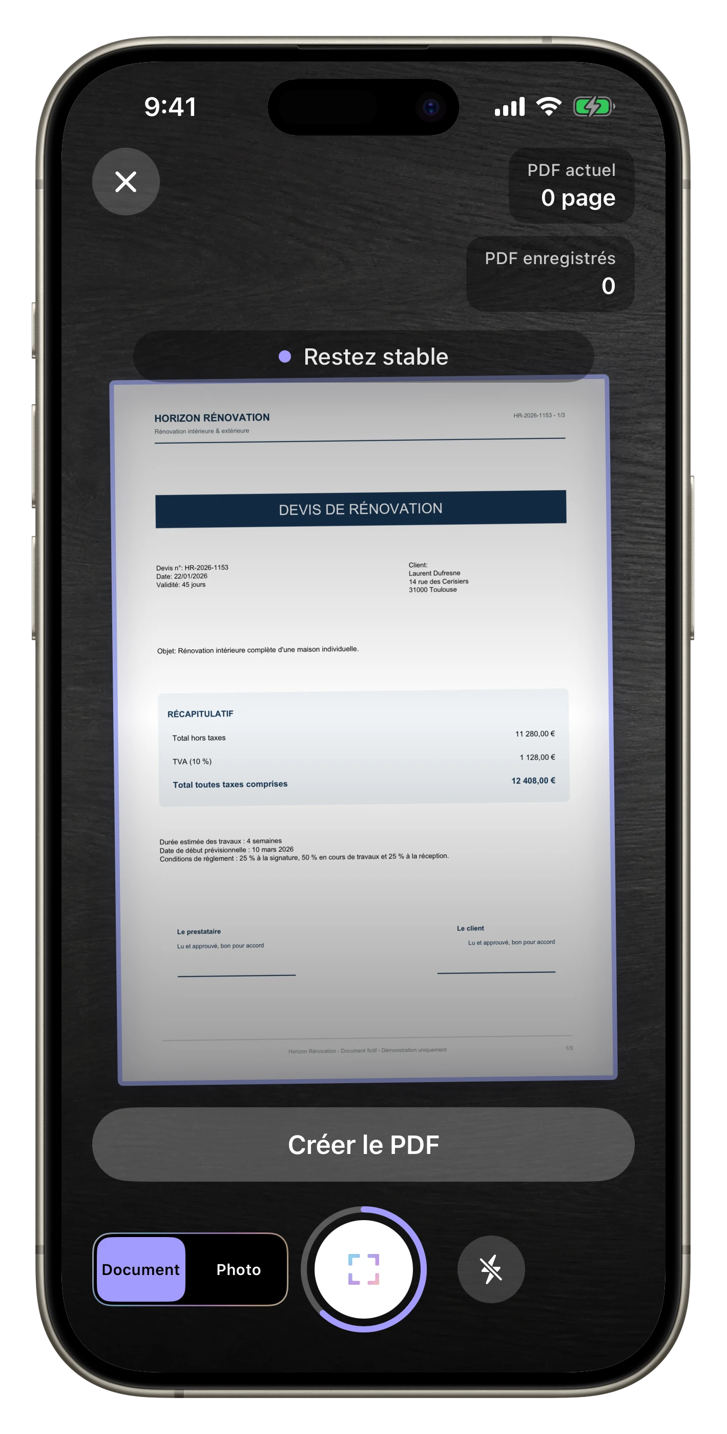 Scan automatique d’une feuille A4 — Scantivo détecte les bords du document et déclenche la capture quand le cadrage est stable.