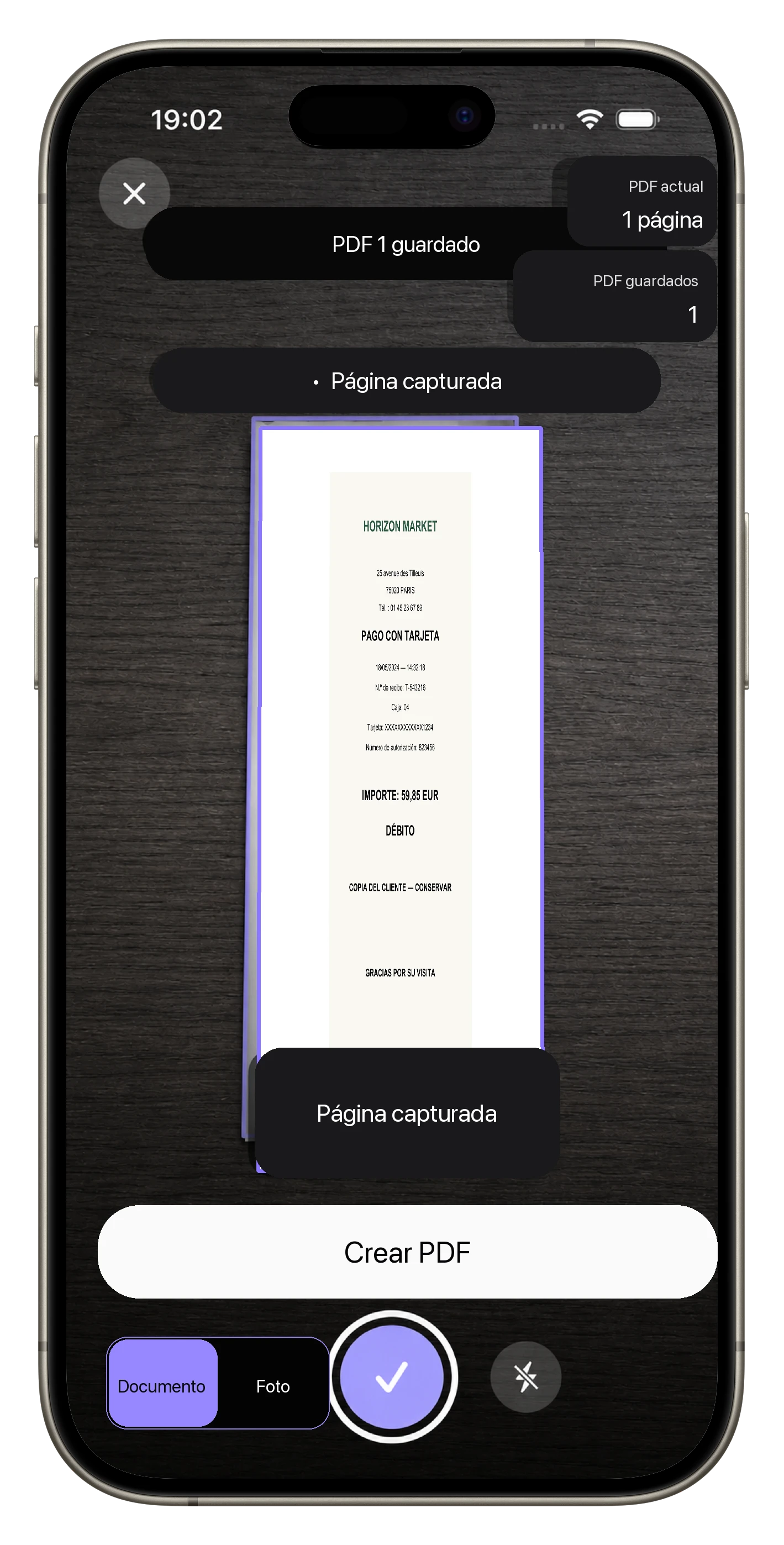Tickets y multi-PDF continuo — Se guarda un PDF y la cámara queda lista para el documento siguiente.