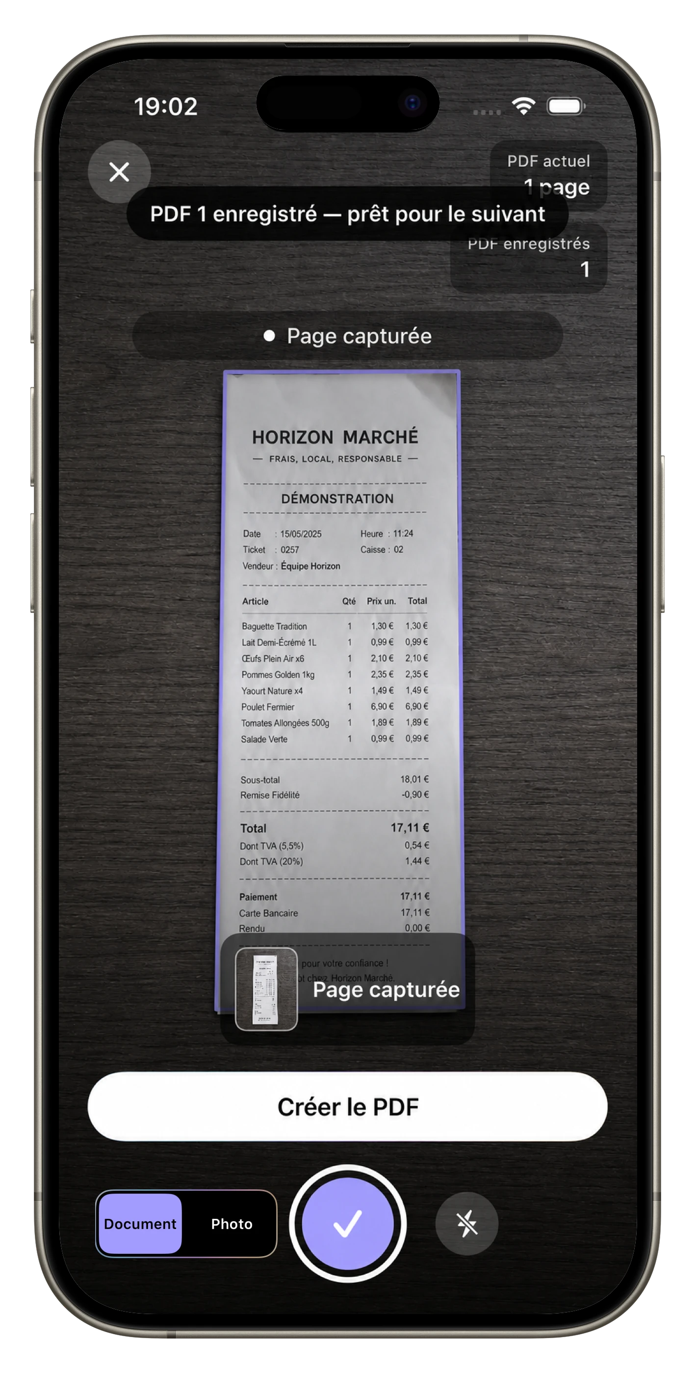 Tickets et multi-PDF continu — Un PDF est enregistré et l’appareil photo reste prêt pour le document suivant.