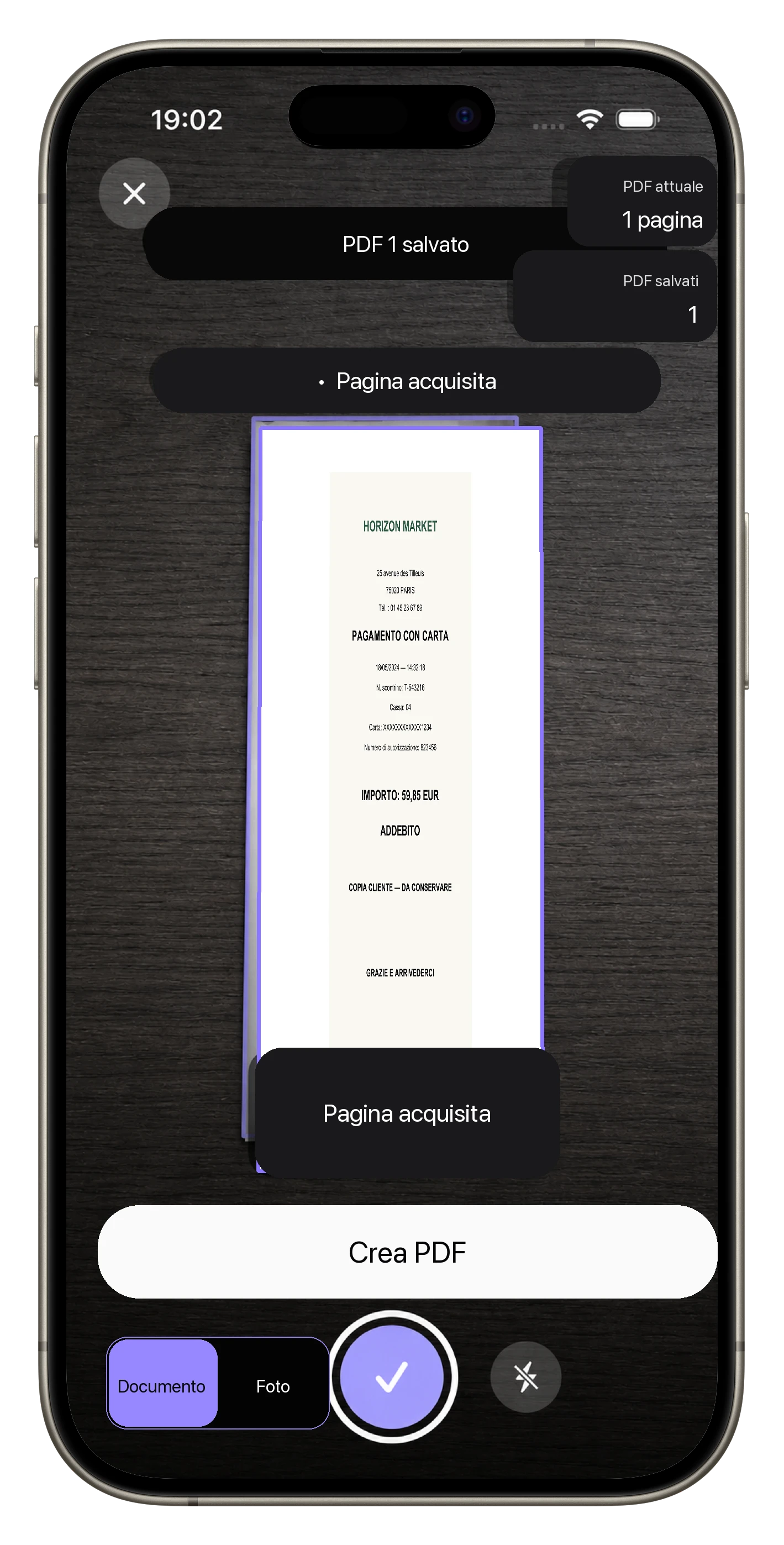 Scontrini e multi-PDF continuo — Un PDF viene salvato mentre la fotocamera resta pronta per il documento successivo.