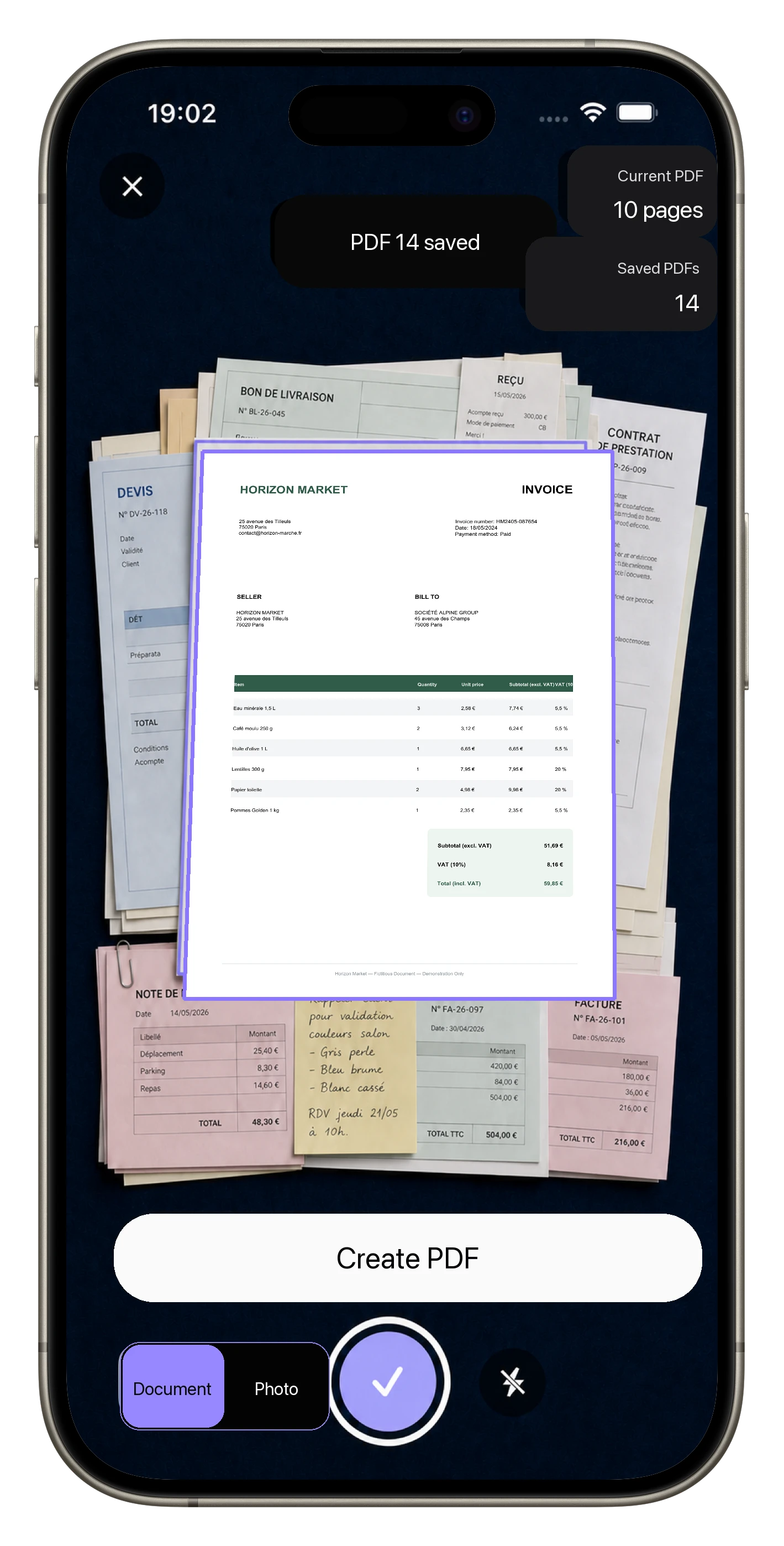 Scantivo scanner facing a realistic stack of documents with fourteen saved PDFs and ten pages in the current PDF