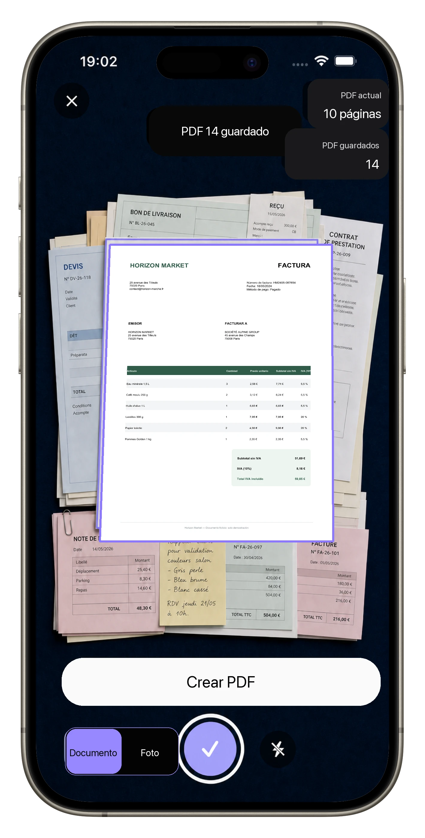 Escáner Scantivo frente a una pila realista de documentos con catorce PDF guardados y diez páginas en el PDF actual