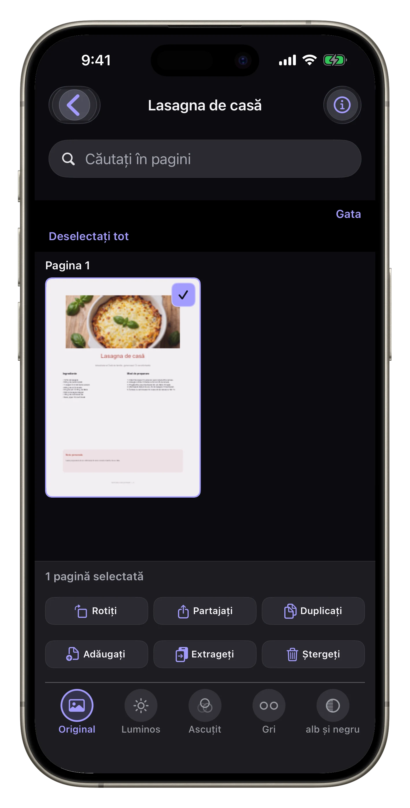 Editor Scantivo care prezintă acțiunile disponibile pe fiecare pagină PDF