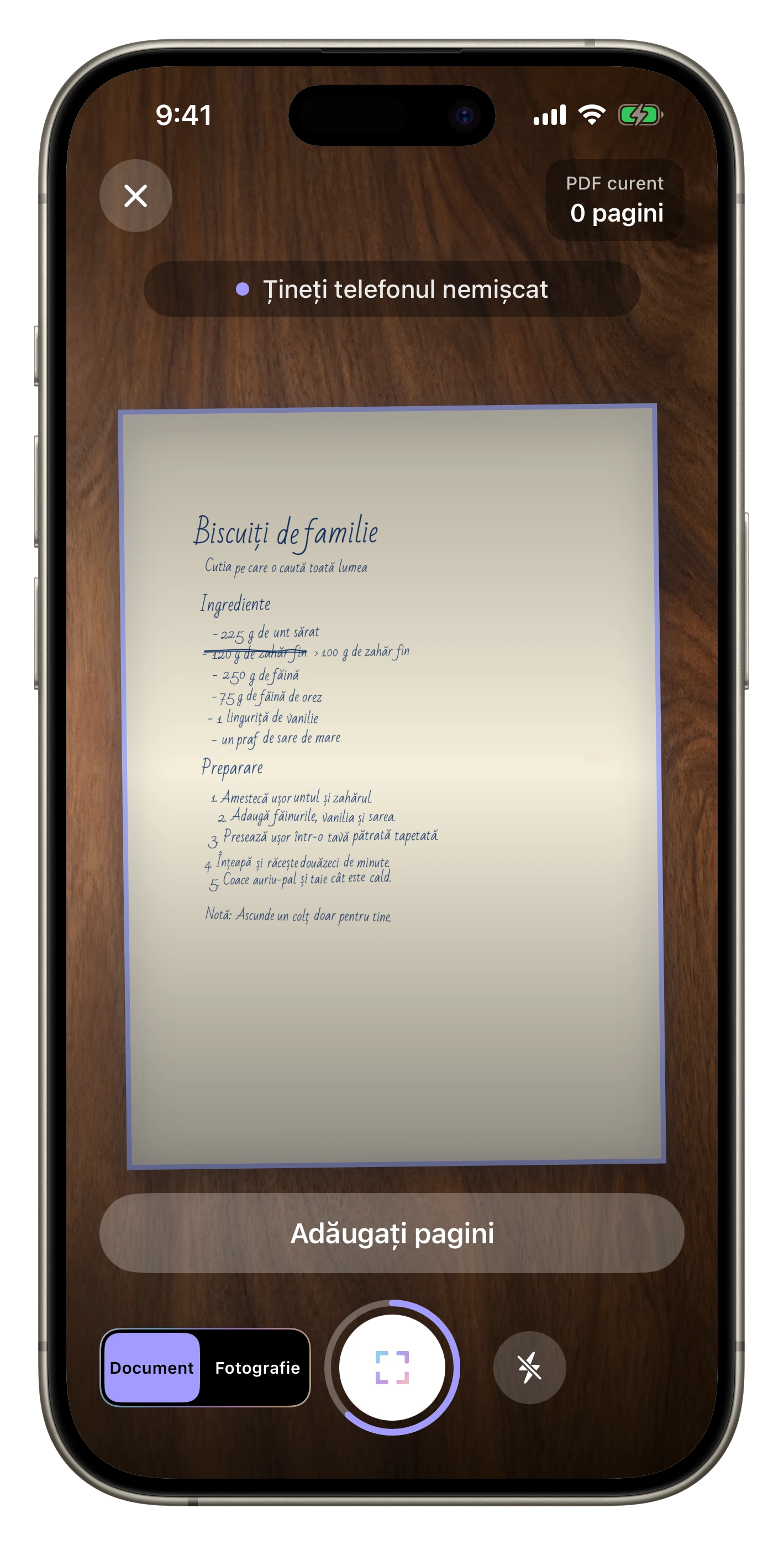Adăugați pagini la un PDF — Redeschideți scanerul dintr-un PDF existent, capturați apoi adăugați paginile noi.