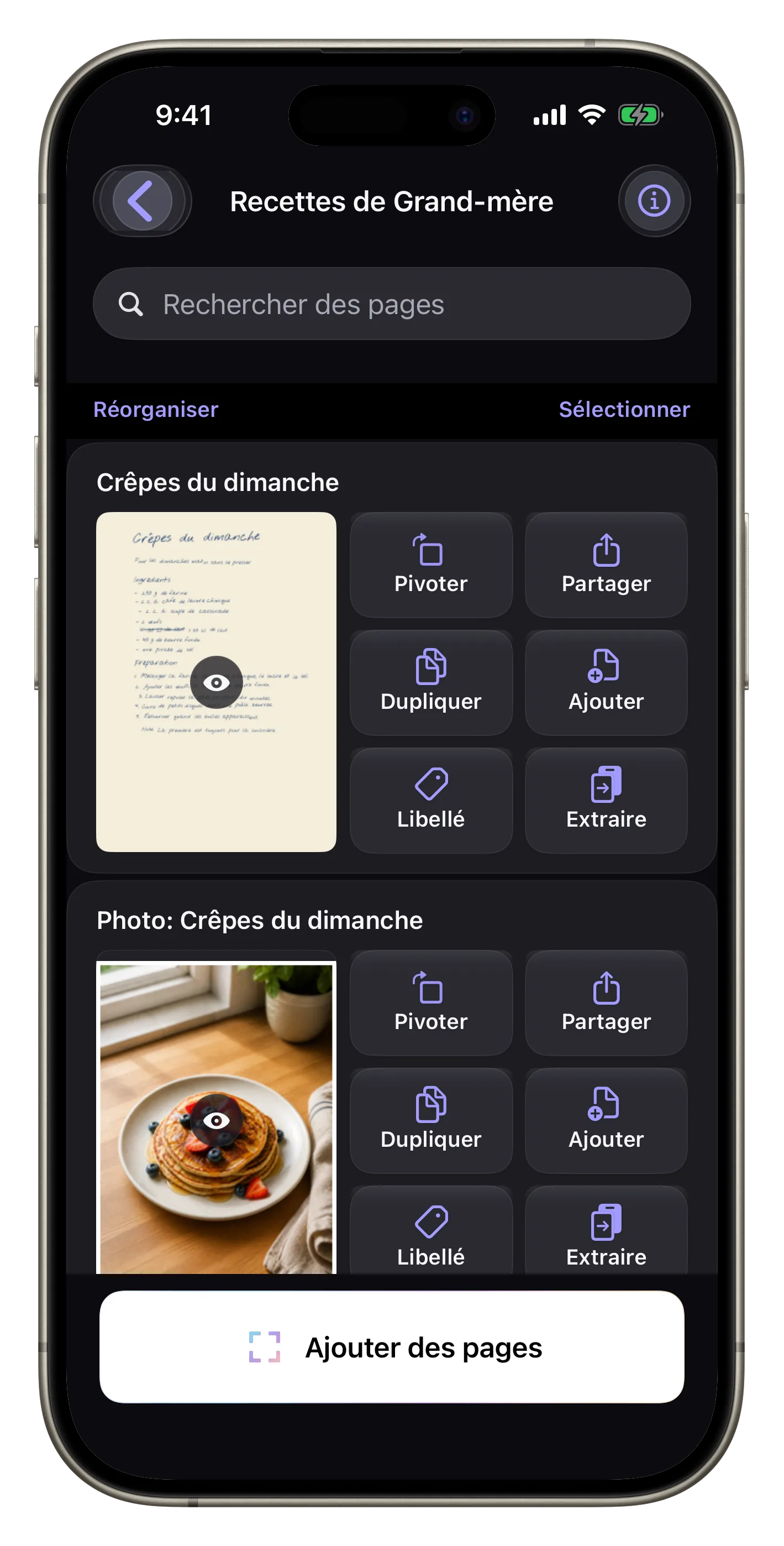 Pages clairement libellées — Les pages « Crêpes du dimanche » et « Photo: Crêpes du dimanche » sont clairement libellées dans le PDF « Recettes de Grand-mère ».