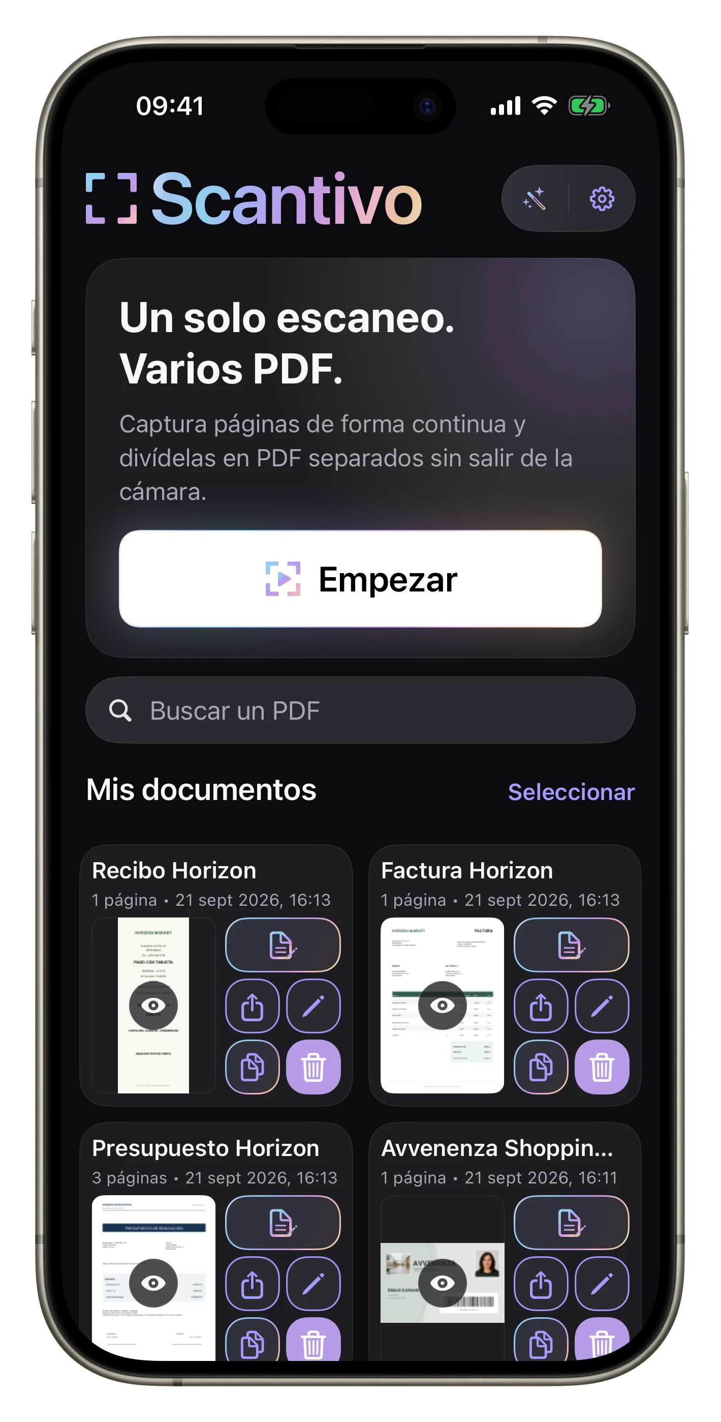 Agrupar documentos relacionados — La factura y el ticket de Horizon Marché se reúnen, y las recetas quedan juntas.