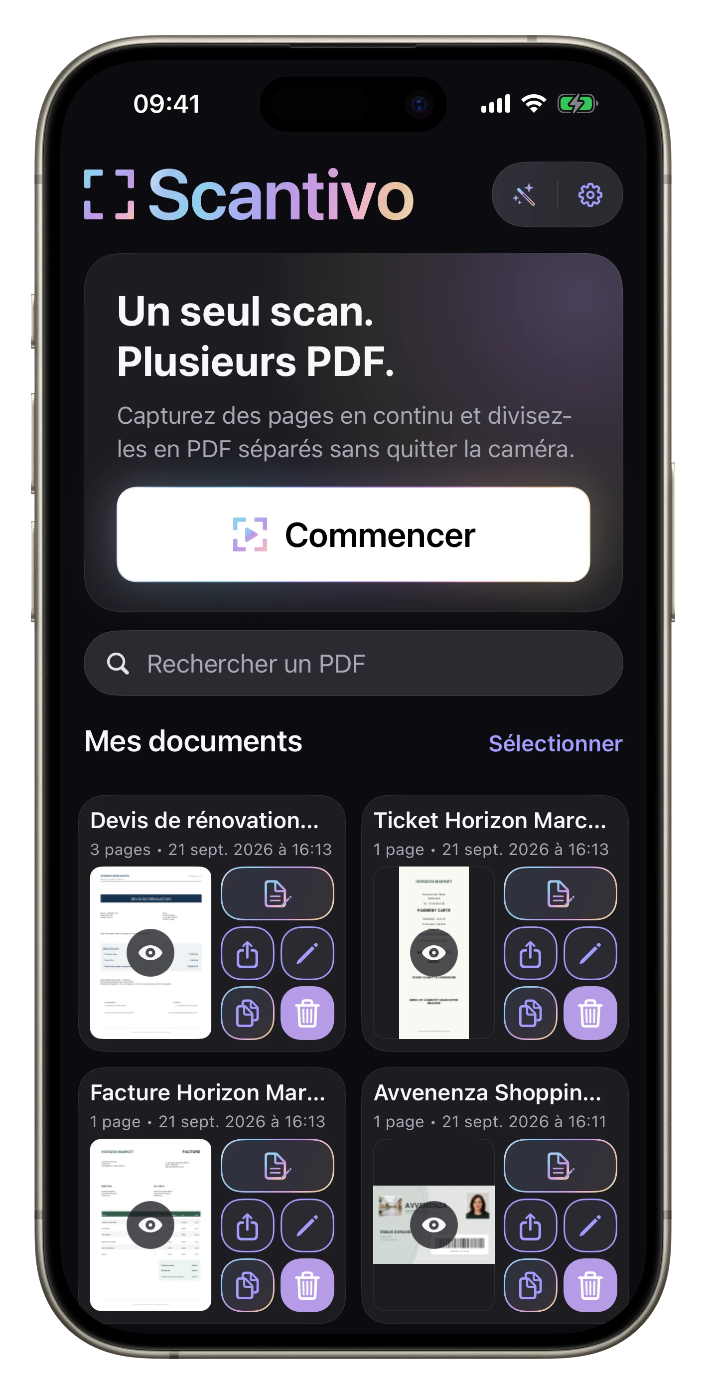 Regrouper les documents liés — La facture et le ticket Horizon Marché sont réunis ; les recettes sont classées ensemble.