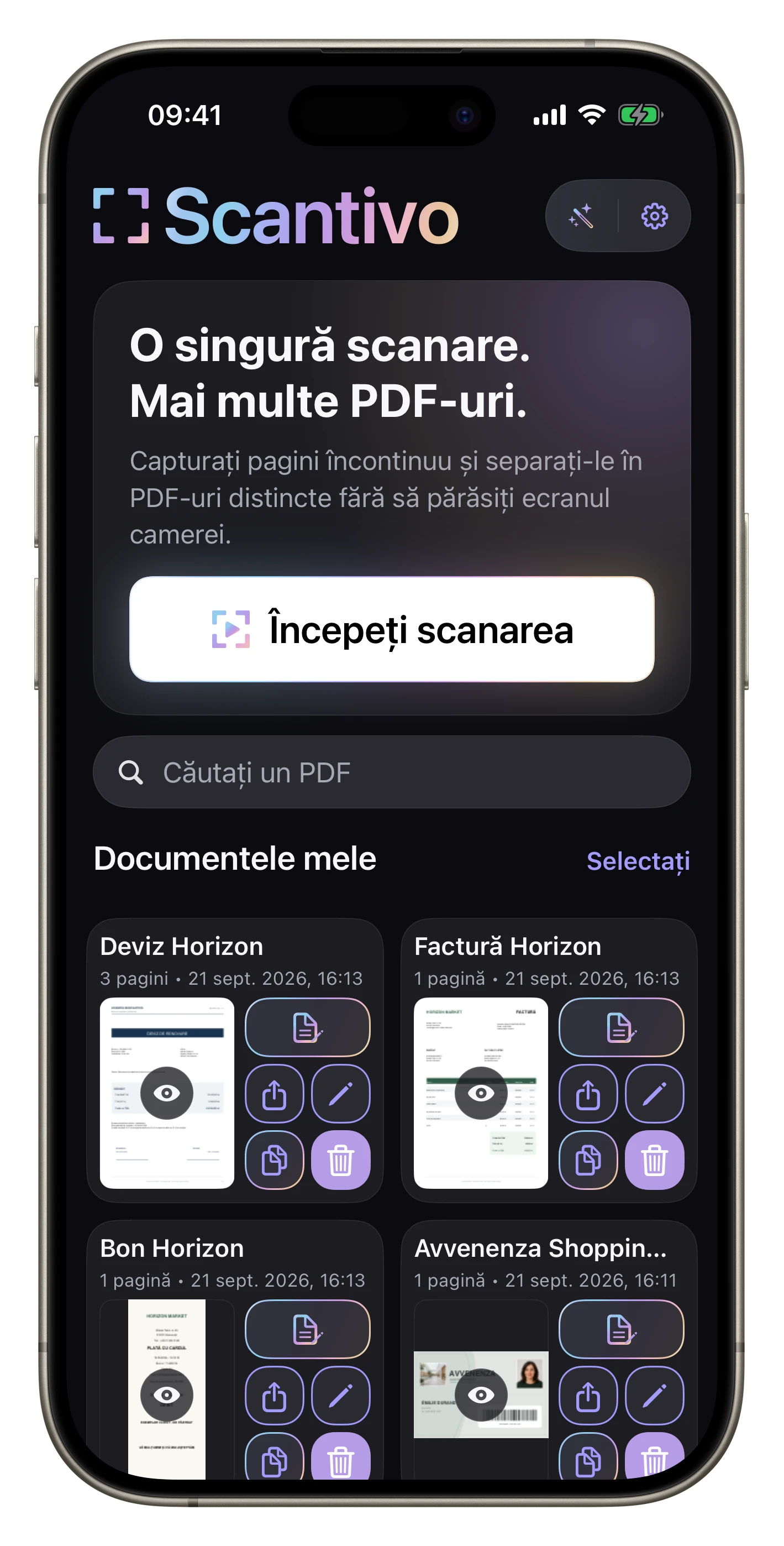 Documente legate de grup — Factura și bonul Horizon Marché sunt reunite; rețetele sunt clasate împreună.