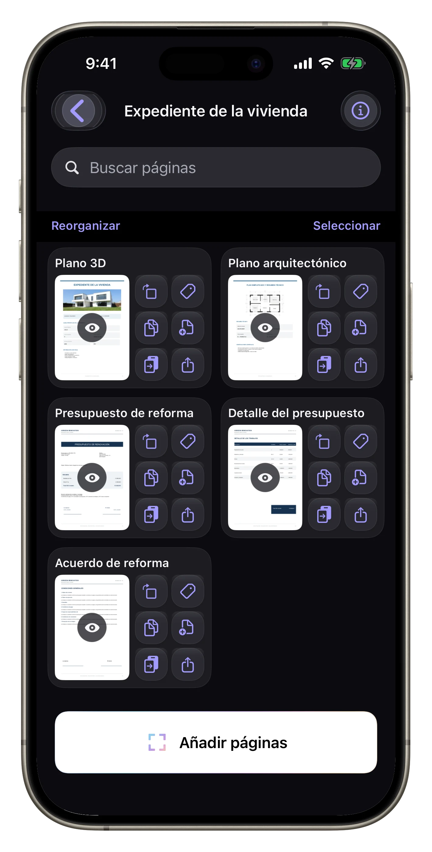 Completar el expediente Casa — Las tres páginas del presupuesto se añaden a las dos páginas ya existentes.
