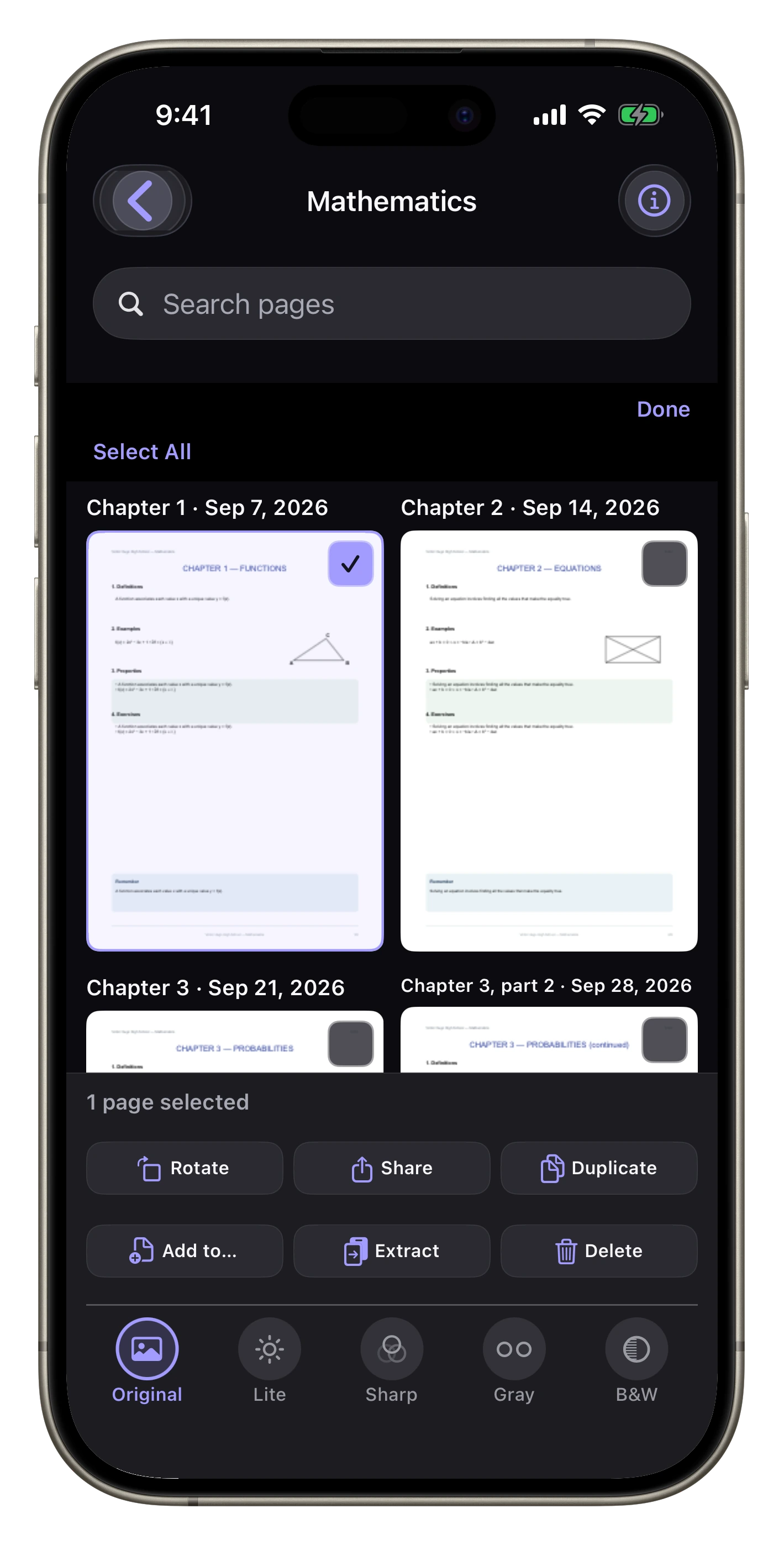 Extract or refile a lesson — Select a Maths page, then extract, remove or add it to another PDF.