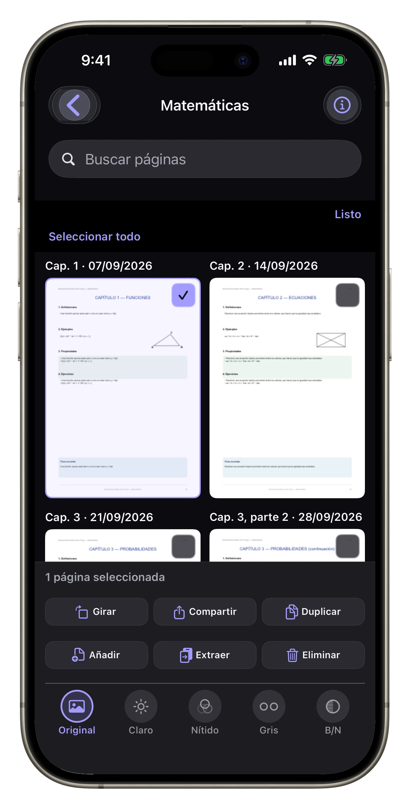 Extraer o reclasificar una clase — Selecciona una página de Matemáticas y extráela, elimínala o añádela a otro PDF.