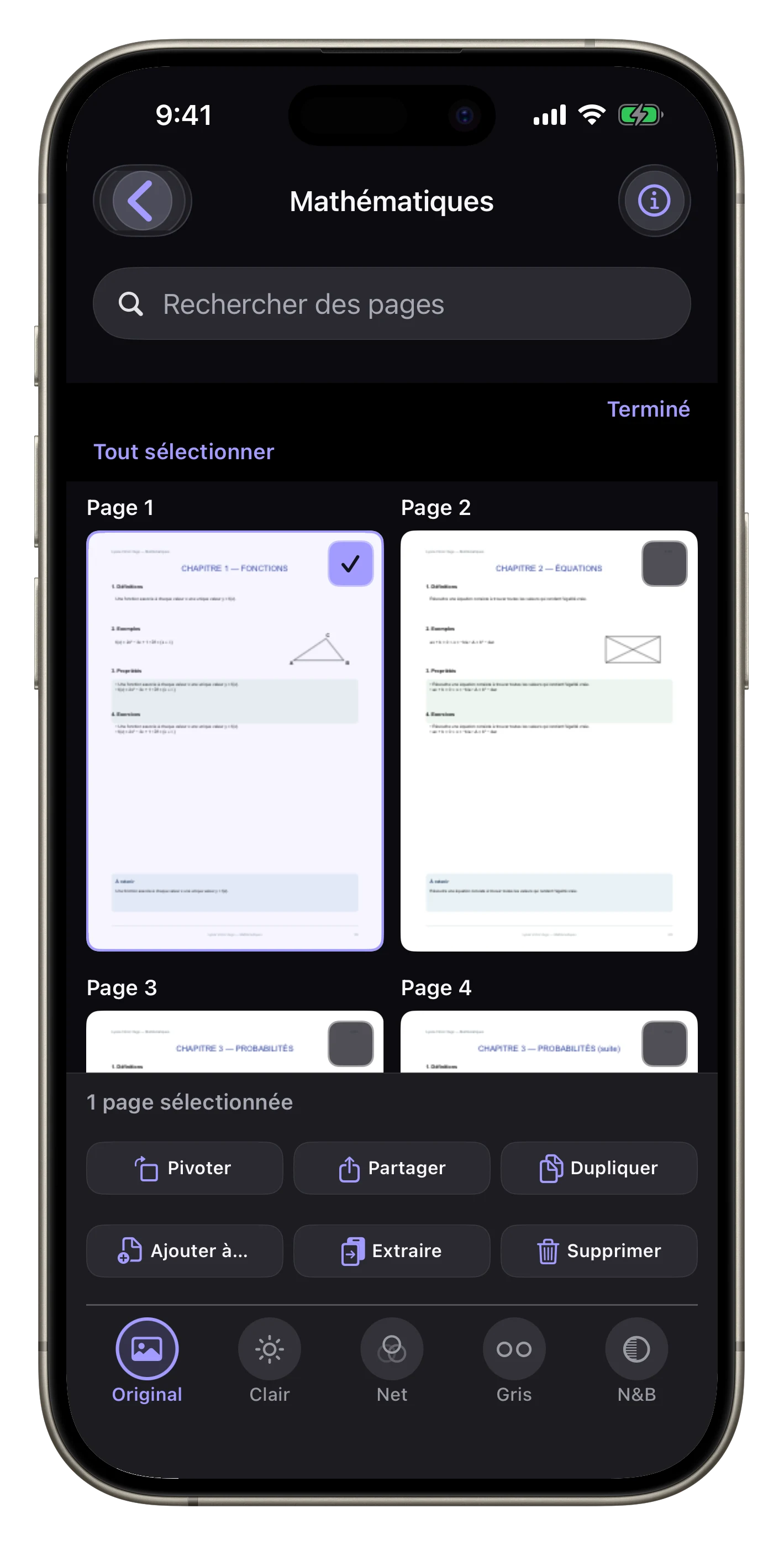 Extraire ou reclasser un cours — Sélectionnez une page de « Maths », puis extrayez-la, retirez-la ou ajoutez-la ailleurs.