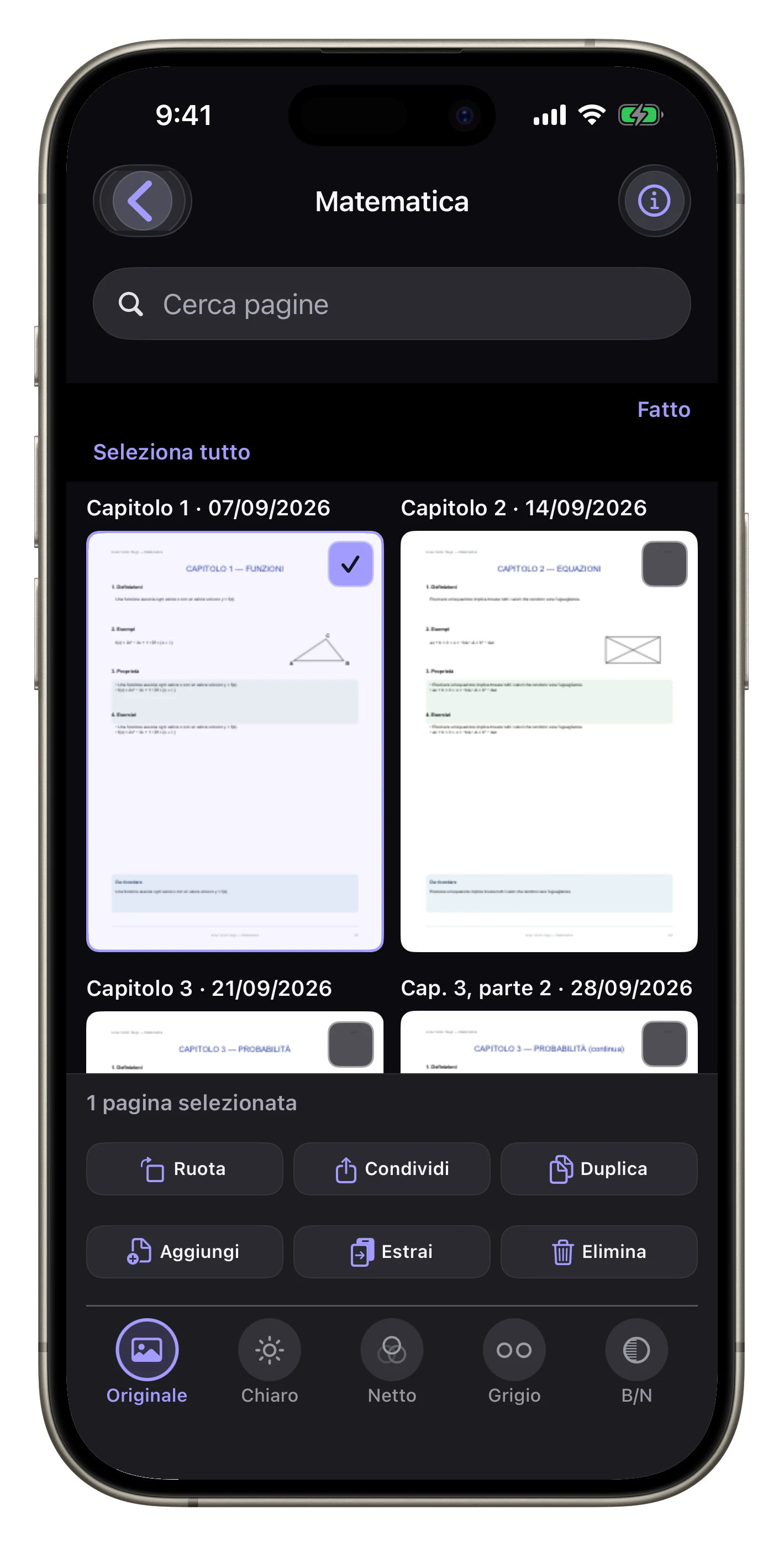 Estrarre o riclassificare una lezione — Seleziona una pagina di Matematica, poi estraila, rimuovila o aggiungila altrove.