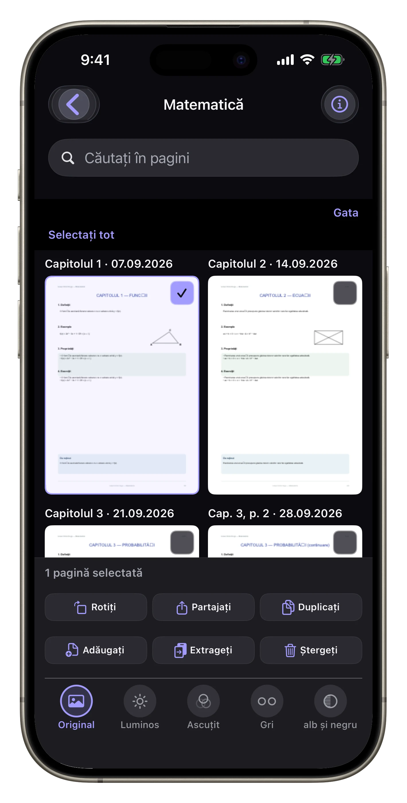 Extrageți sau reclasificați un curs — Selectați o pagină „Matematică”, apoi verificați-o, eliminați-o sau adăugați-o în altă parte.