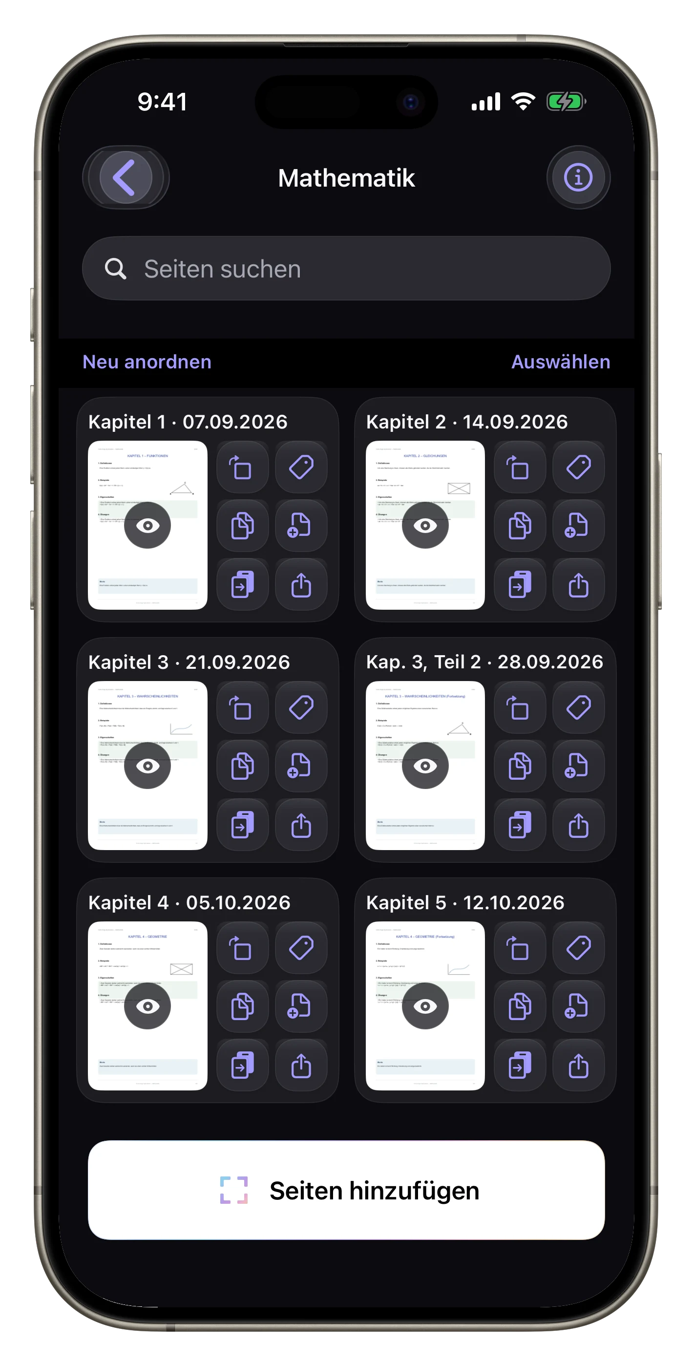 Eine Unterrichtsseite extrahieren — Eine Mathe-Seite auswählen, dann extrahieren, entfernen oder anderswo hinzufügen.