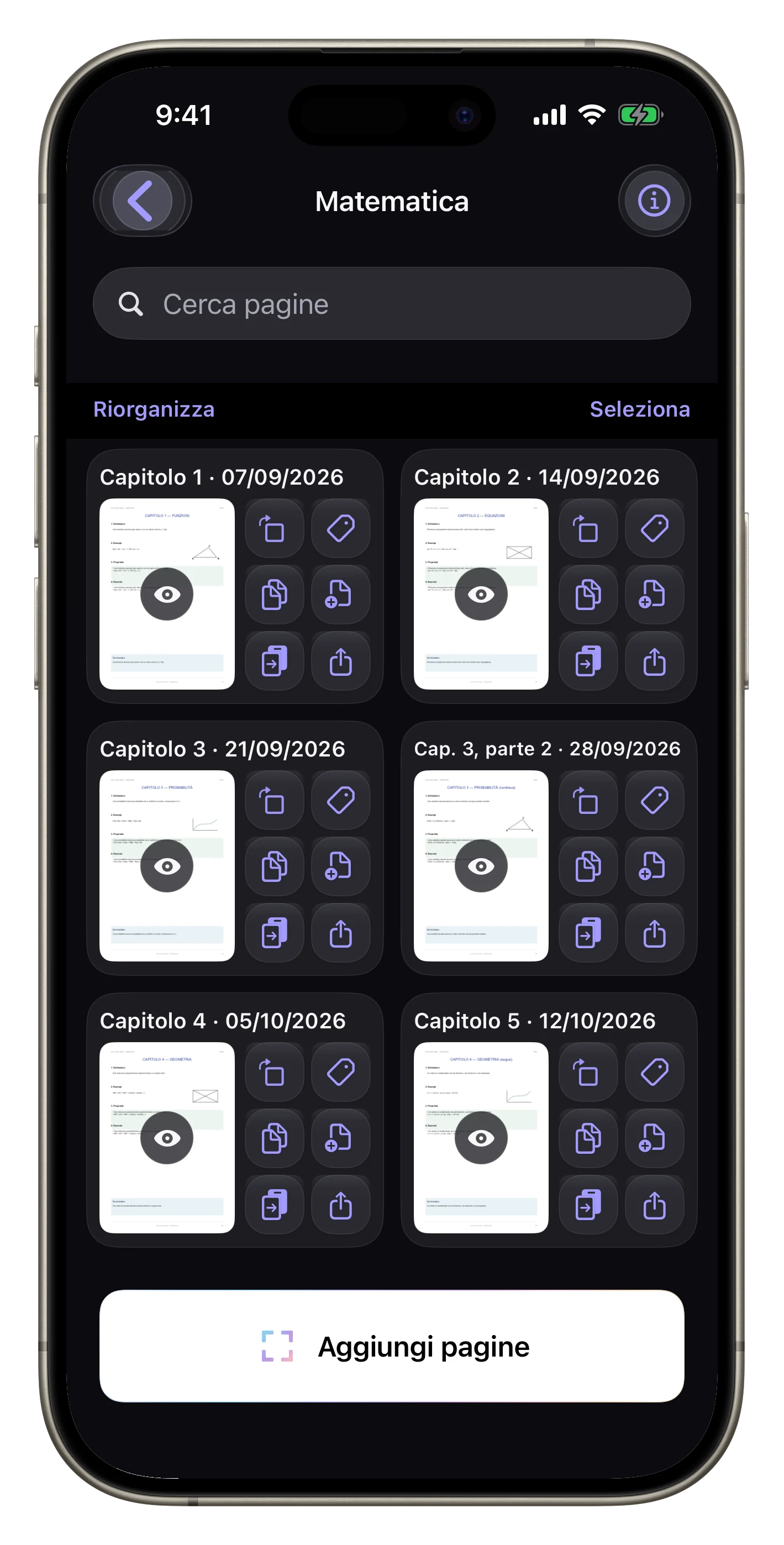 Estrarre o riclassificare una lezione — Seleziona una pagina di Matematica, poi estraila, rimuovila o aggiungila altrove.