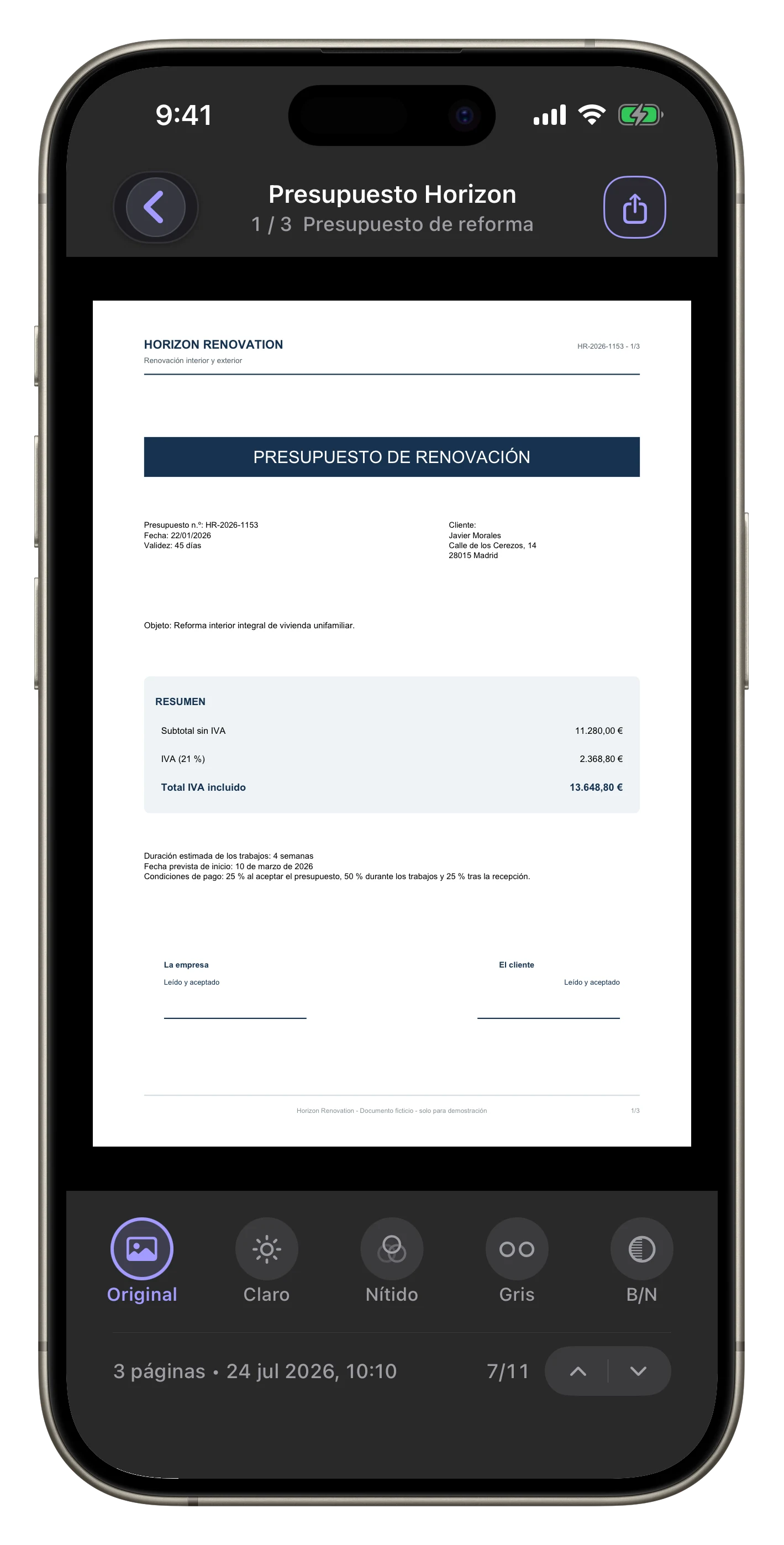 Vista previa y aspecto de página — Revisa el PDF a pantalla completa y elige Original, Claro, Nítido, Gris o B/N.