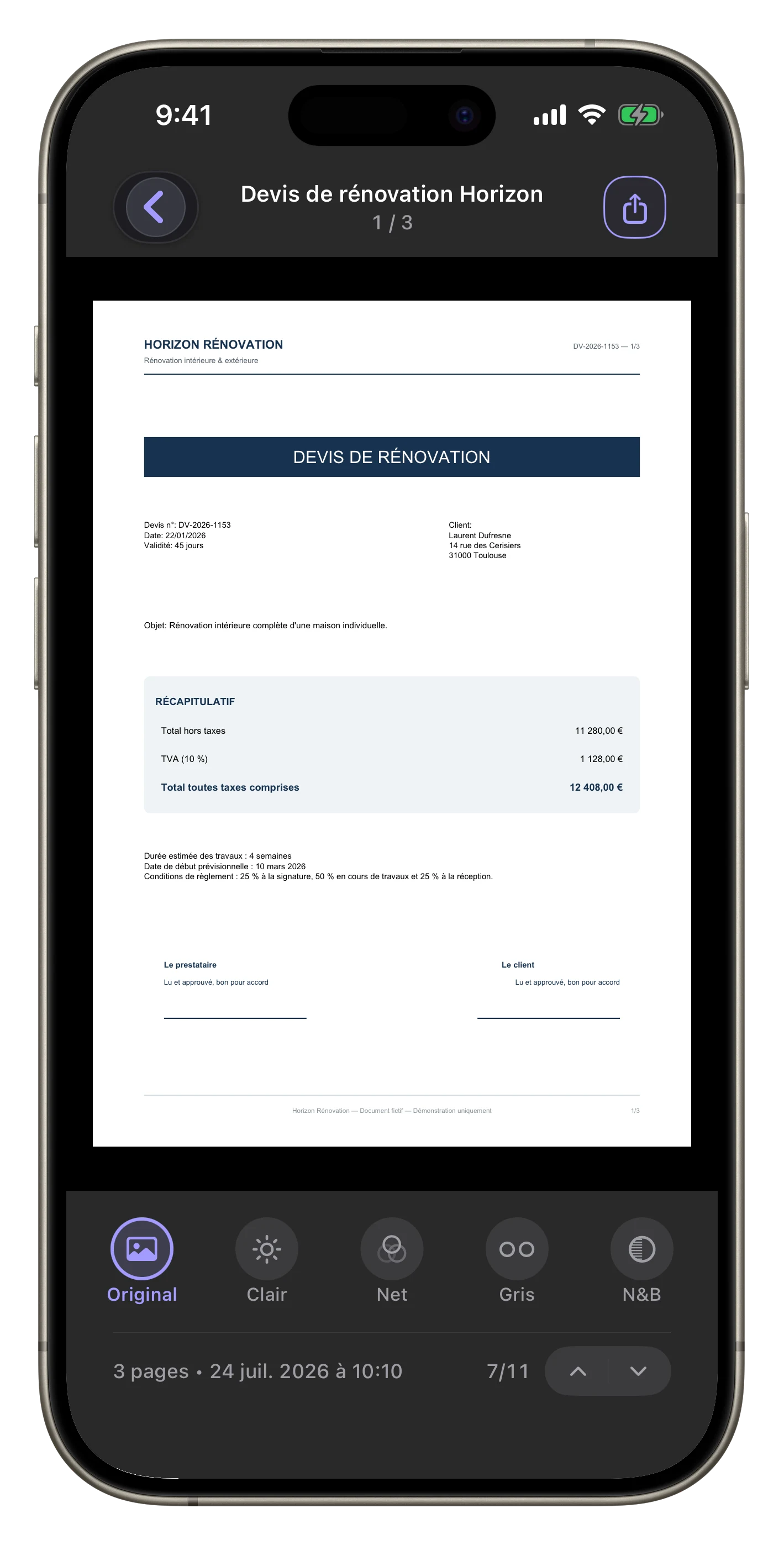 Aperçu et rendu des pages — Contrôlez le PDF en plein écran et choisissez Original, Clair, Net, Gris ou N&B.