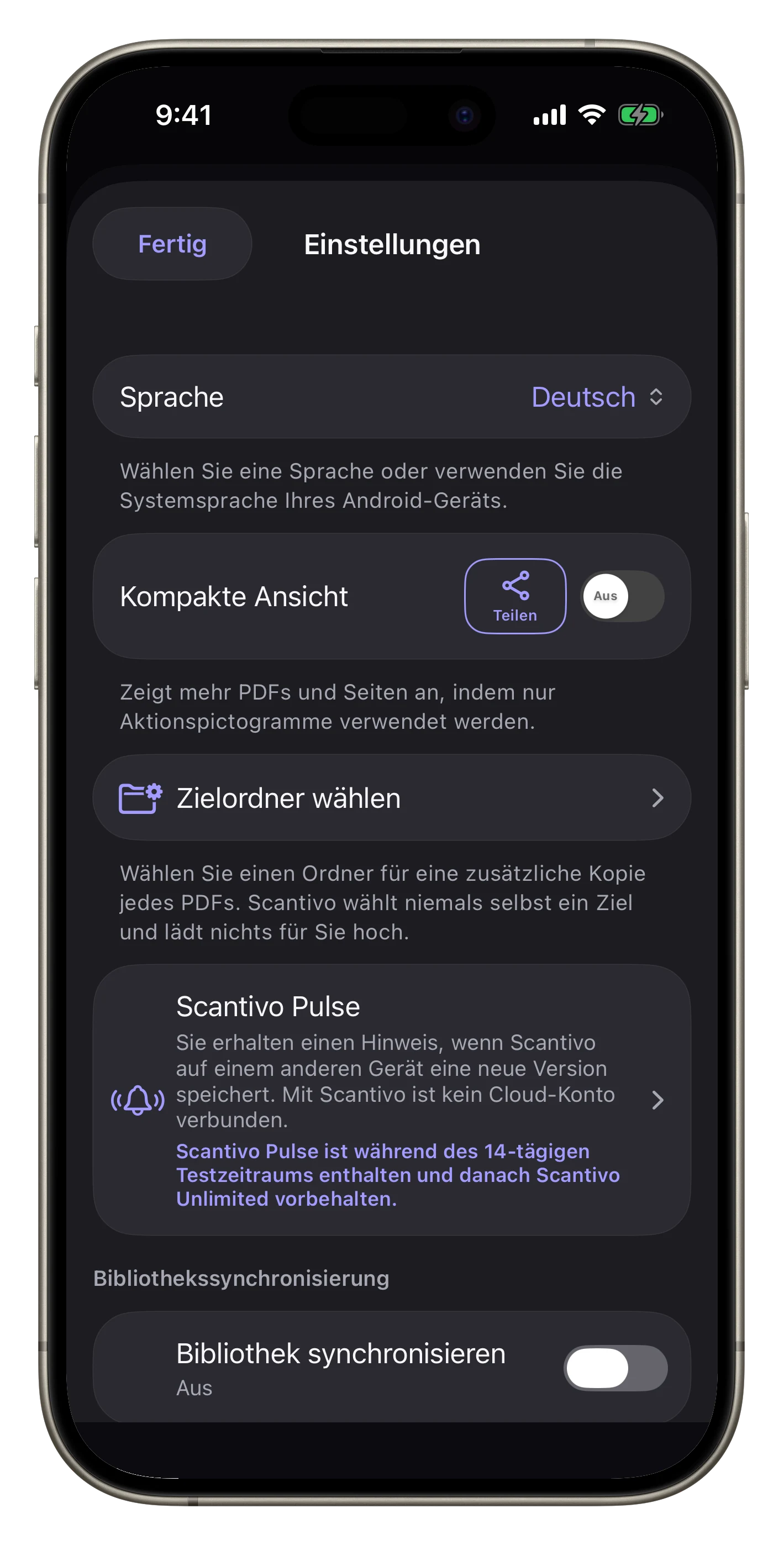Einstellungen: Synchronisierung, Kopie und Sicherung — Optionale Synchronisierung aktivieren, Kopie-Ordner wählen und eine verschlüsselte Bibliothekssicherung erstellen.