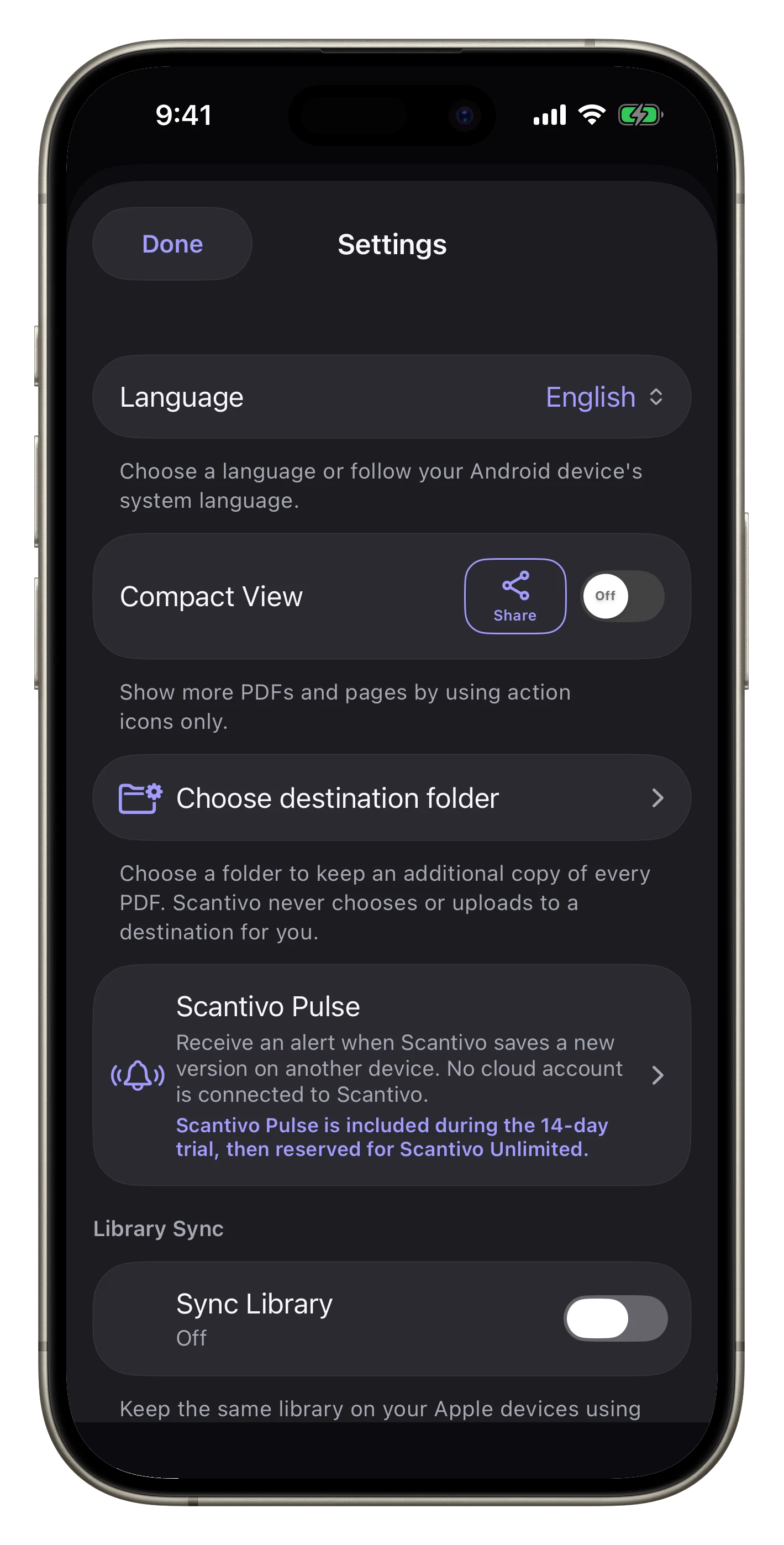 Settings: sync, copy and backup — Enable optional Library Sync, choose a copy folder, and create an encrypted library backup.