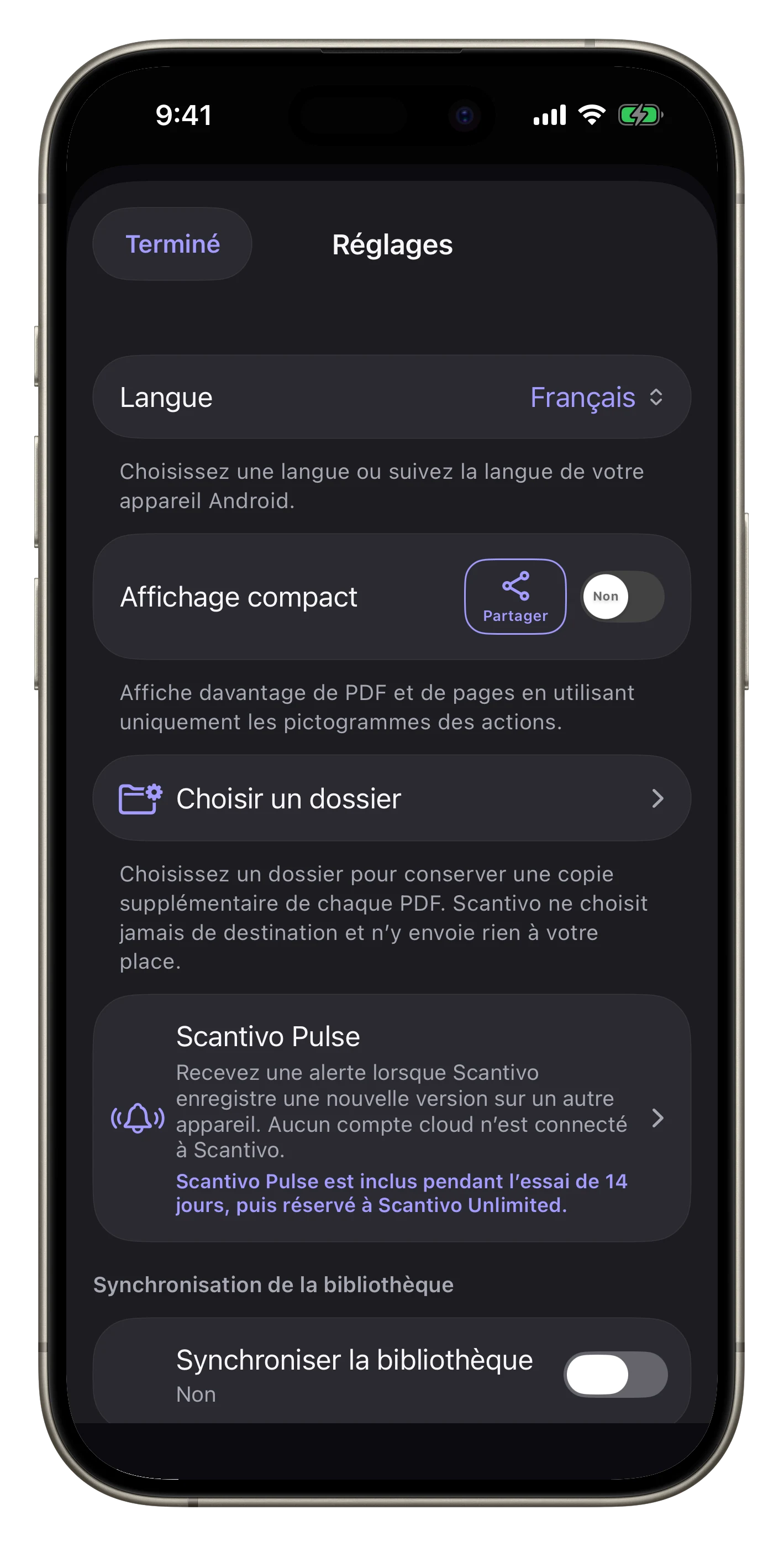 Réglages : synchronisation, copie et sauvegarde — Activez la synchronisation facultative, choisissez un dossier de copie et créez une sauvegarde chiffrée de la bibliothèque.