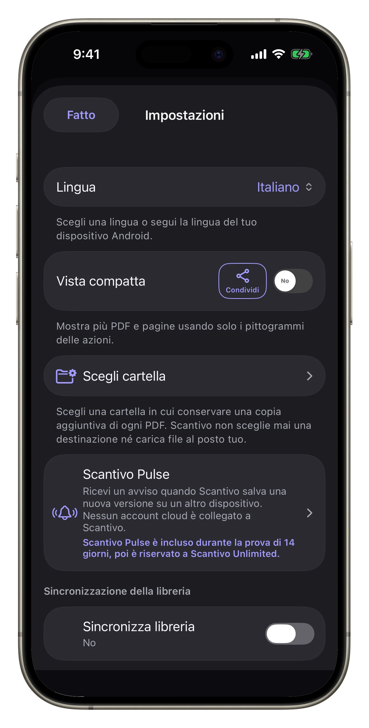 Impostazioni: sincronizzazione, copia e backup — Attiva la sincronizzazione facoltativa, scegli una cartella di copia e crea un backup cifrato della libreria.