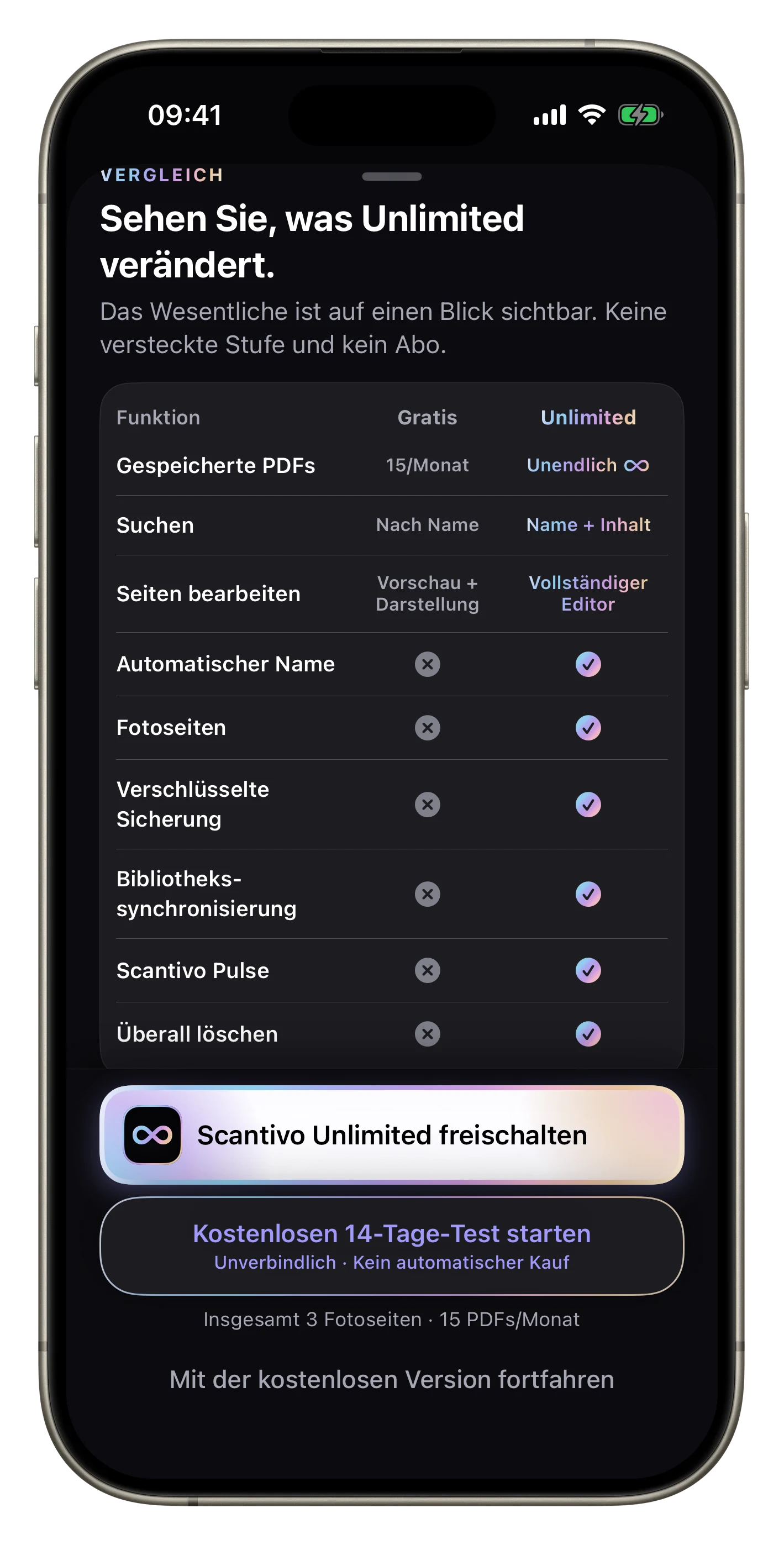 Kostenlos oder Unlimited — Funktionen klar vergleichen und Unlimited mit einem einmaligen Kauf freischalten.