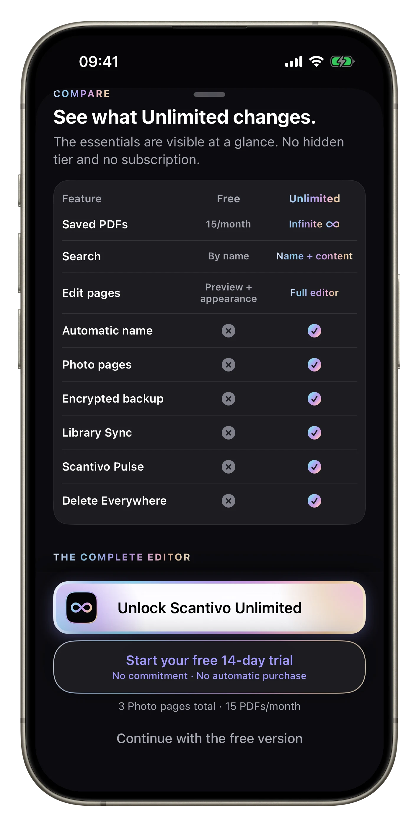 Free or Unlimited — Compare features clearly and unlock Unlimited with one purchase.