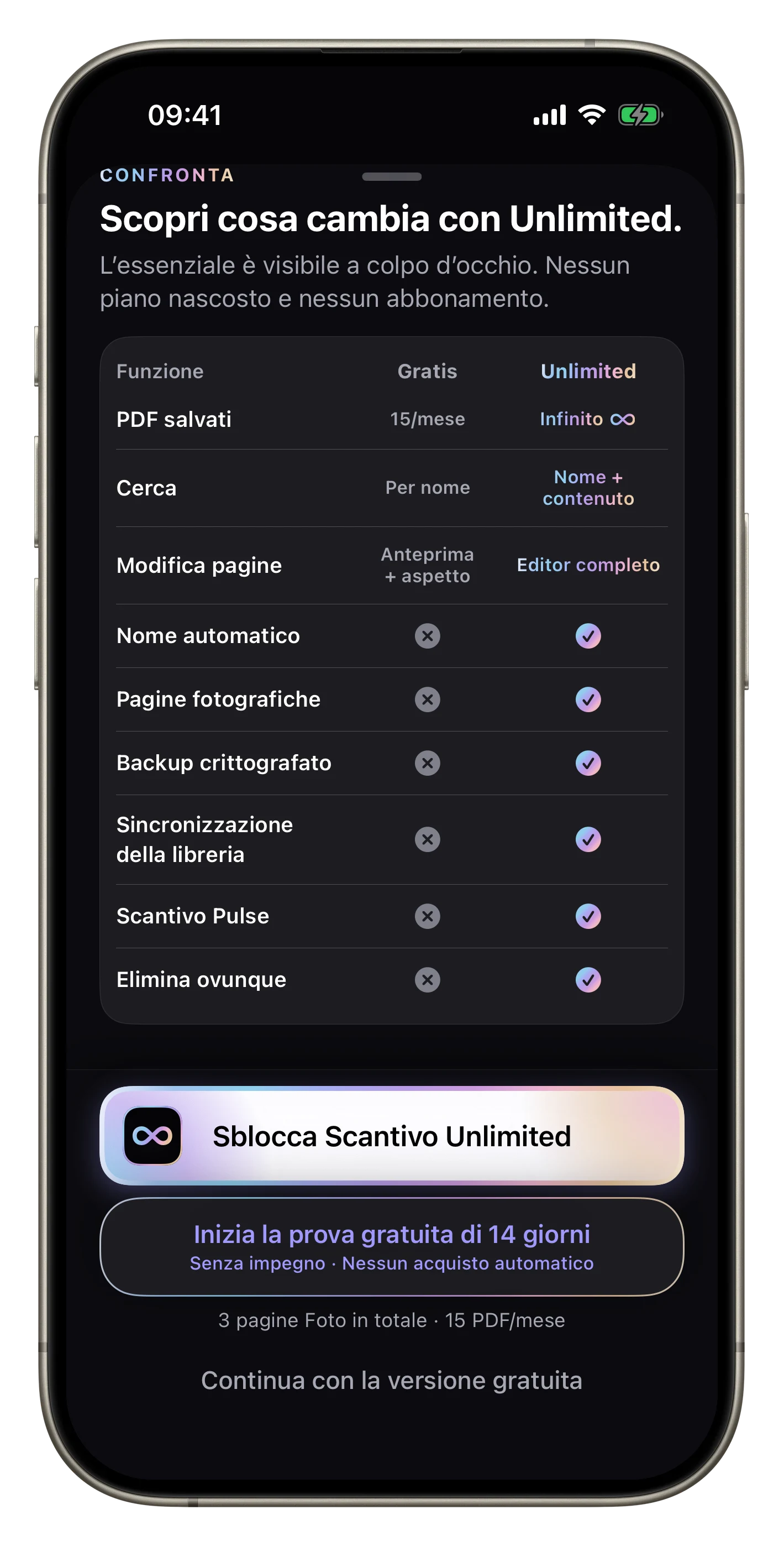 Gratis o Unlimited — Confronta chiaramente le funzioni e sblocca Unlimited con un acquisto unico.