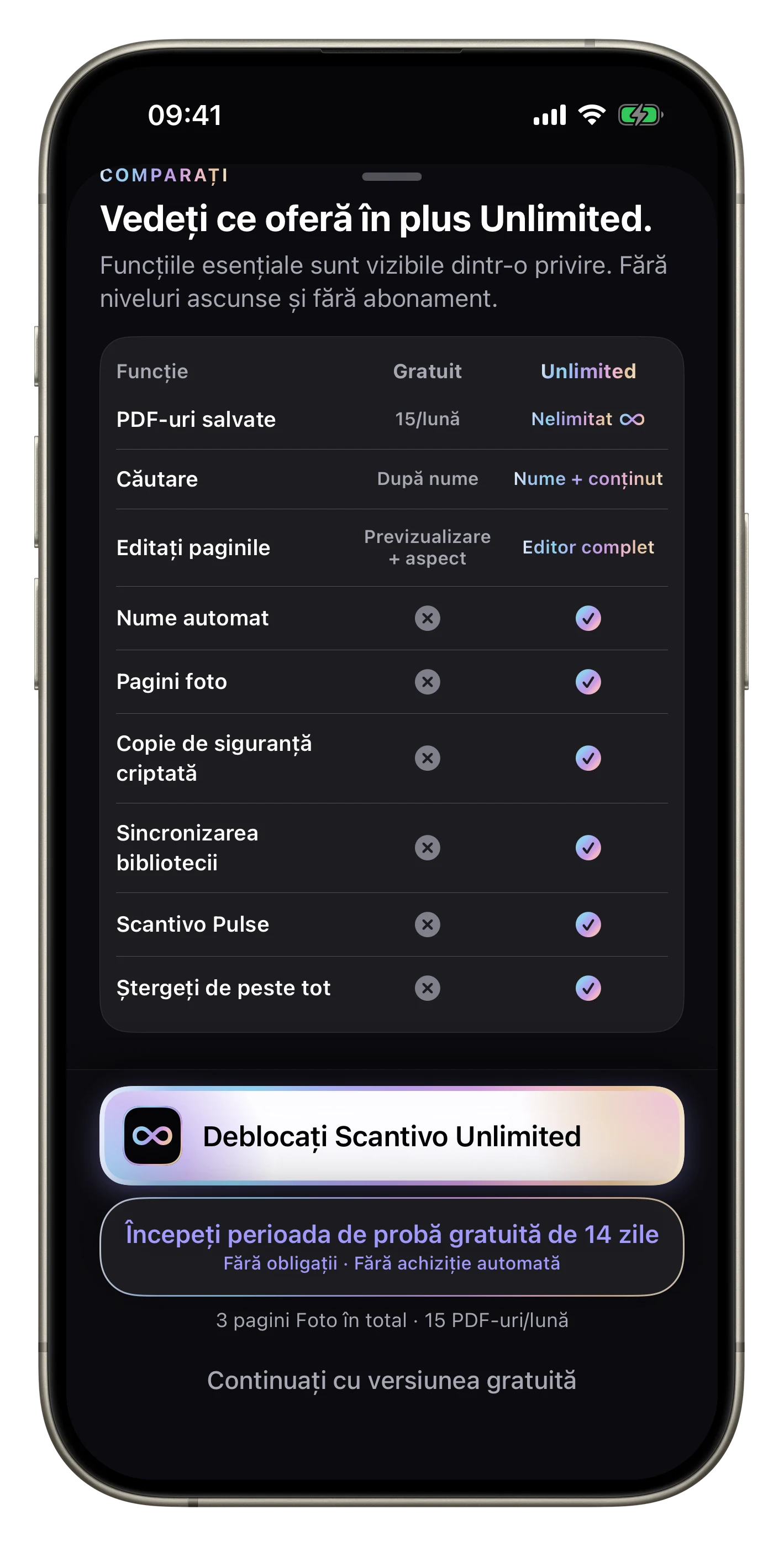 Versiunea gratuită sau Unlimited — Comparați clar funcțiile și deblocați Unlimited cu o singură achiziție.