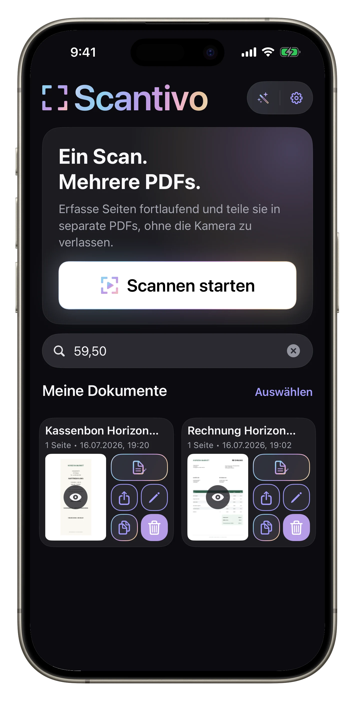Einen Betrag in Ihren PDFs finden — Suchen Sie nach „59,85“: Scantivo findet sowohl den Kassenbon als auch die Rechnung von Horizon Marché über den erkannten Seitentext.