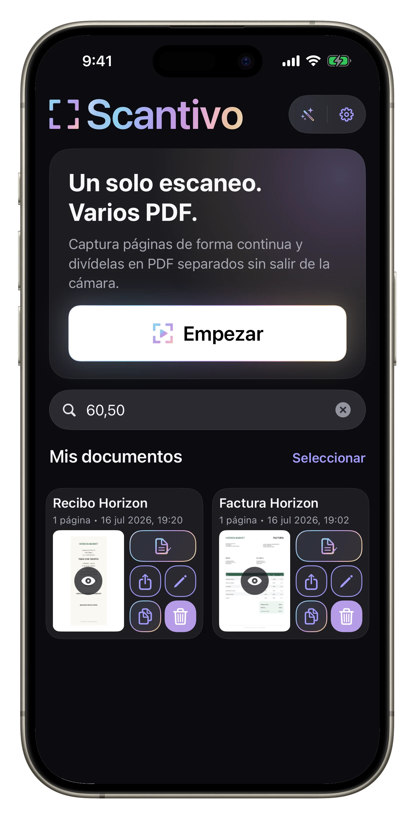 Encuentra un importe dentro de tus PDF — Busca «59,85»: Scantivo encuentra tanto el ticket como la factura de Horizon Marché gracias al texto reconocido en sus páginas.