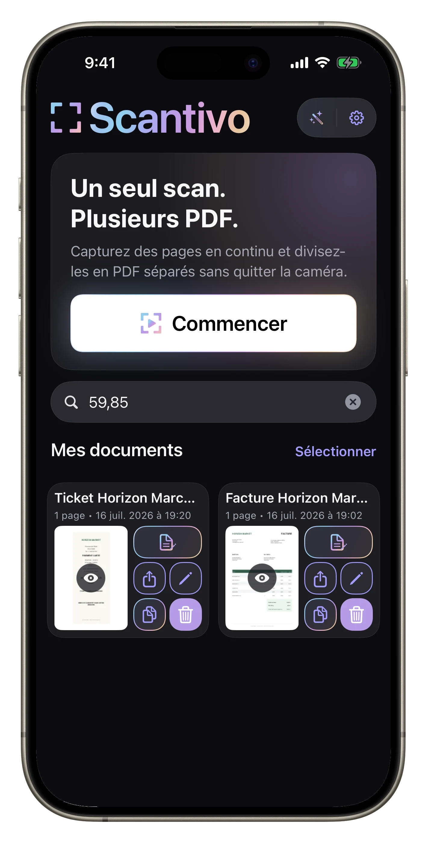 Retrouver un montant dans vos PDF — Recherchez « 59,85 » : Scantivo retrouve à la fois le ticket et la facture Horizon Marché grâce au texte reconnu dans leurs pages.
