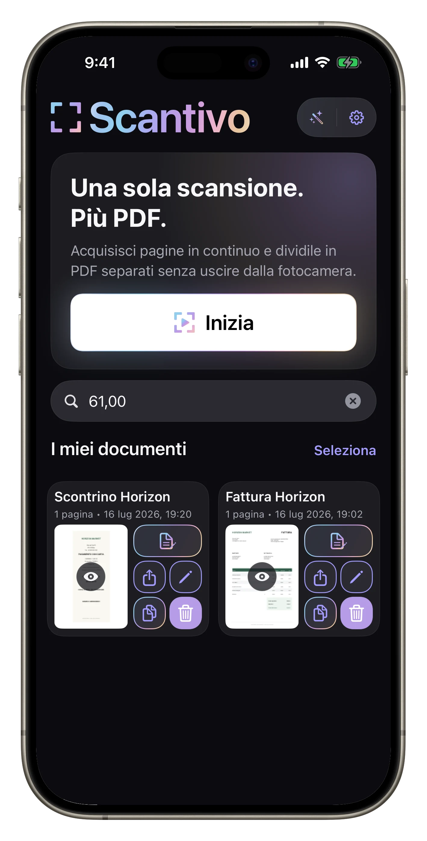 Trova un importo nei tuoi PDF — Cerca «59,85»: Scantivo trova sia lo scontrino sia la fattura Horizon Marché grazie al testo riconosciuto nelle loro pagine.