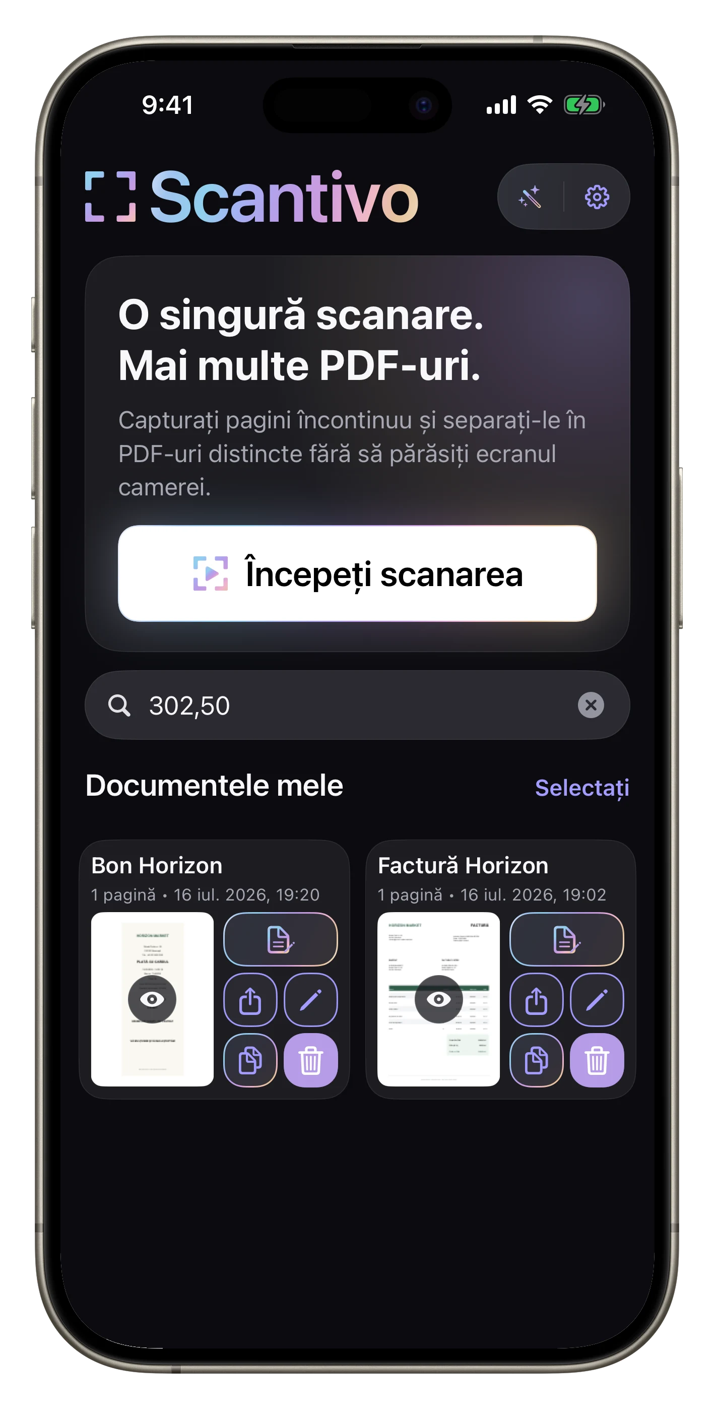 Găsiți o sumă în PDF — Căutați „59,85”: Scantivo găsește atât bonul, cât și factura Horizon Marché datorită textului recunoscut în paginile lor.