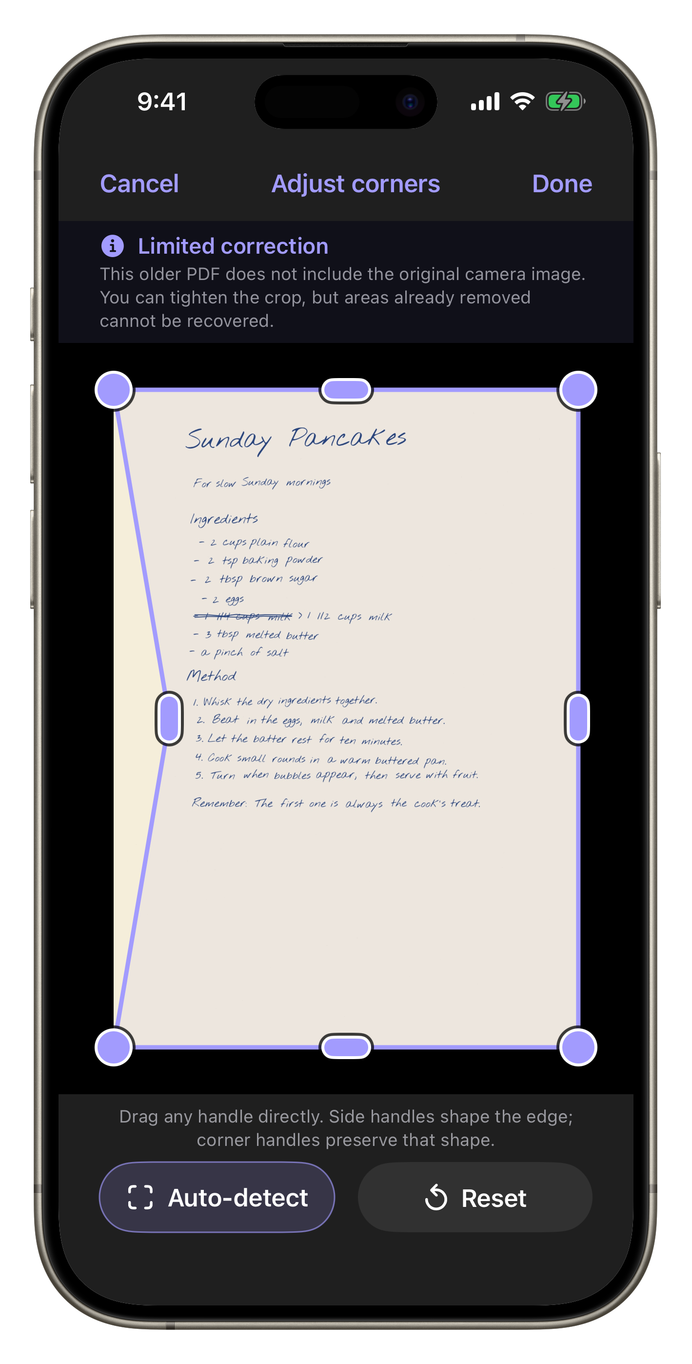 Full Scantivo screen for adjusting a document’s corners