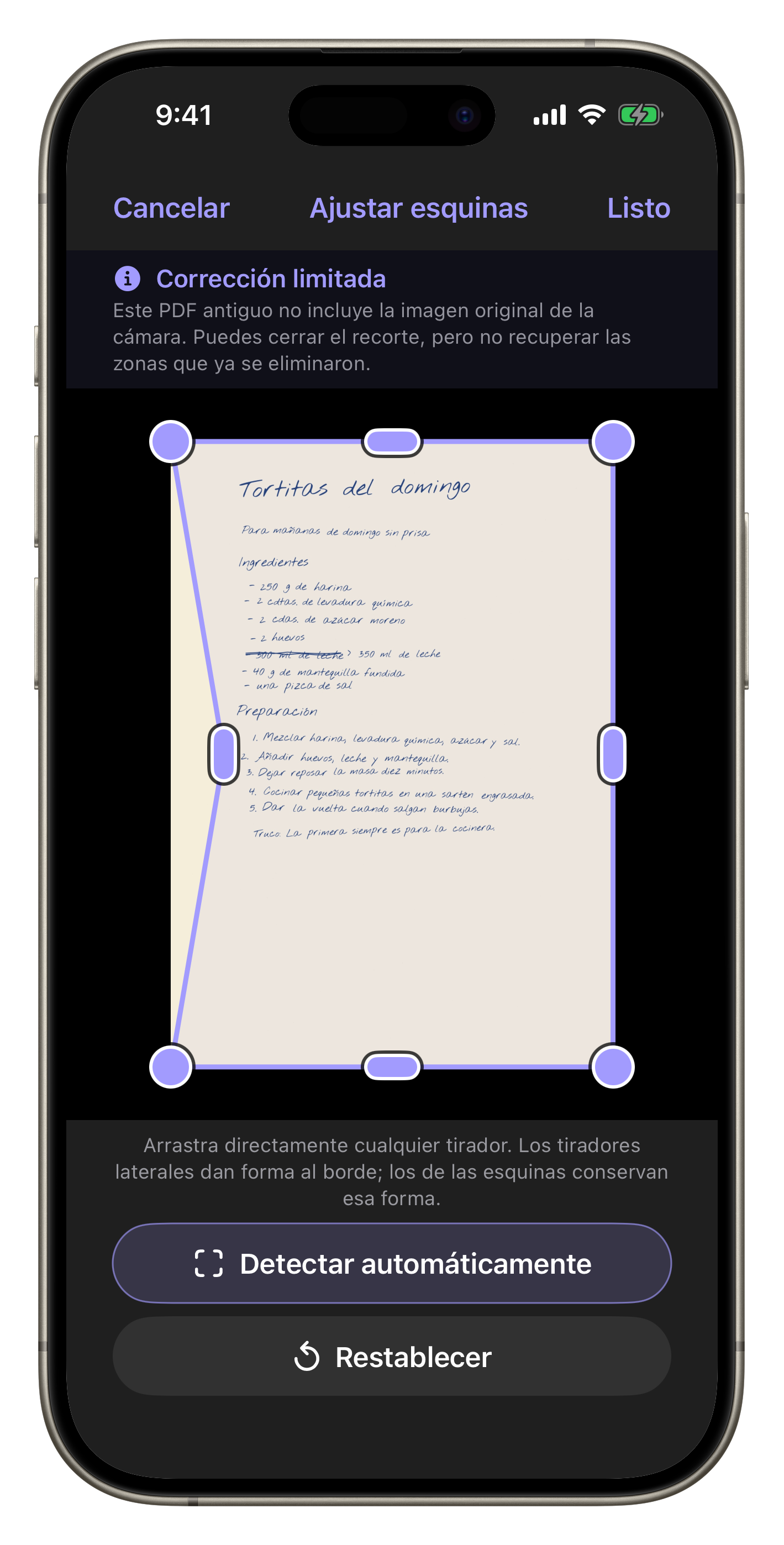 Pantalla completa de Scantivo para ajustar las esquinas de un documento