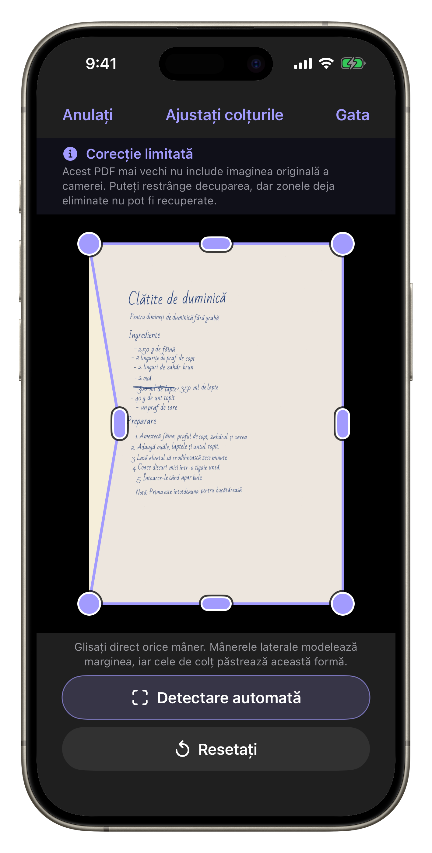 Ecran complet Scantivo pentru reglarea colțurilor unui document