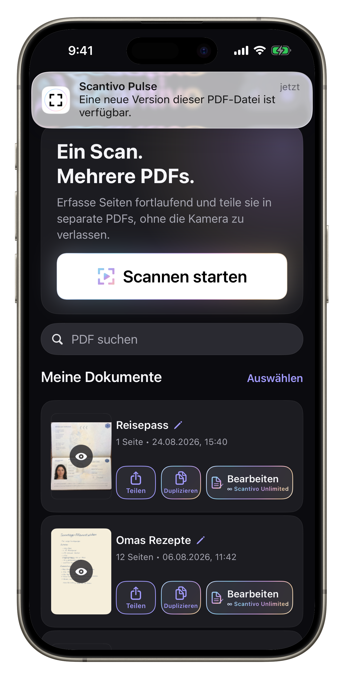 Vollständiger Scantivo-Bildschirm mit einer Scantivo-Pulse-Systemmitteilung