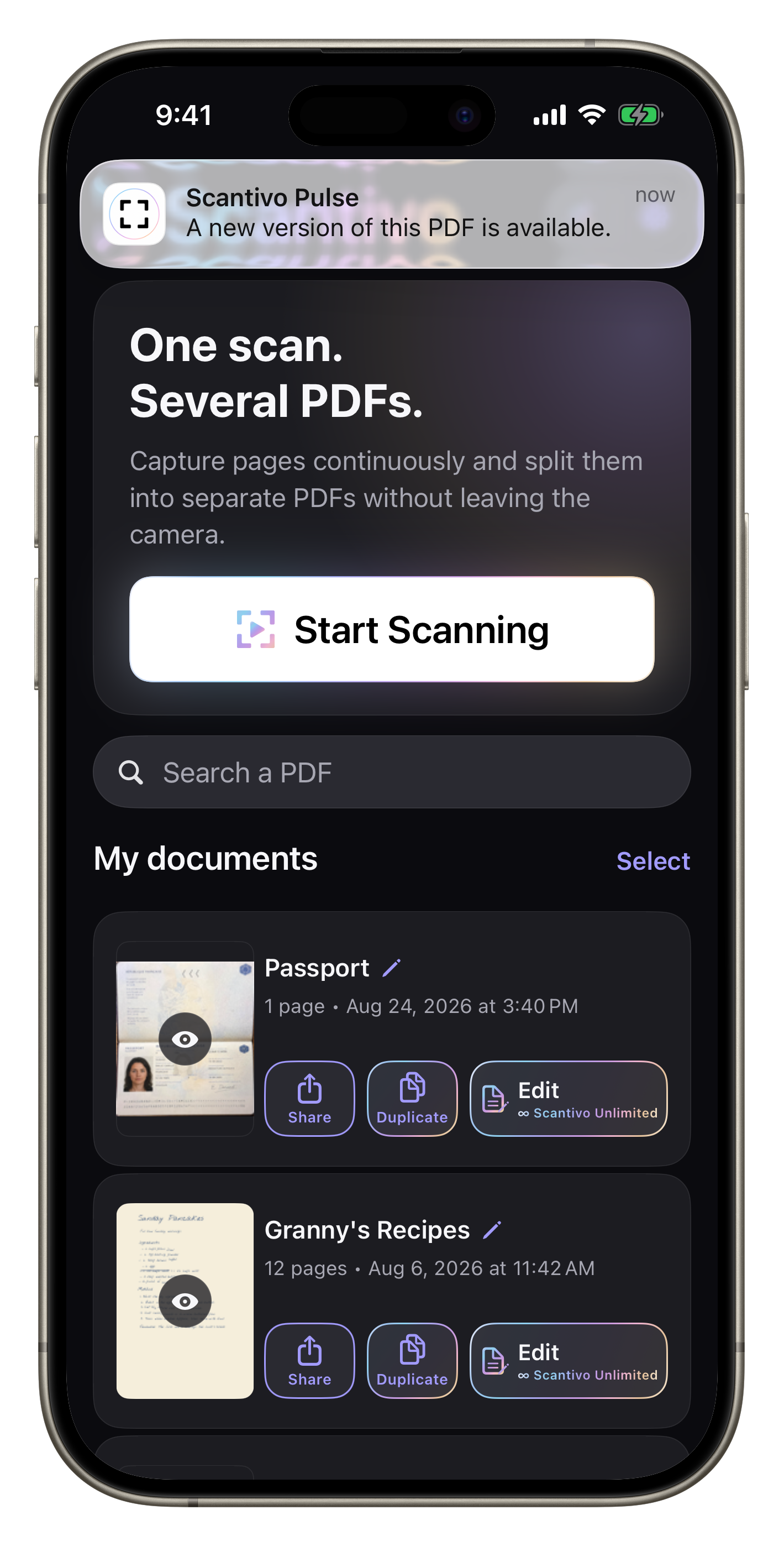 Full Scantivo screen with a Scantivo Pulse system notification