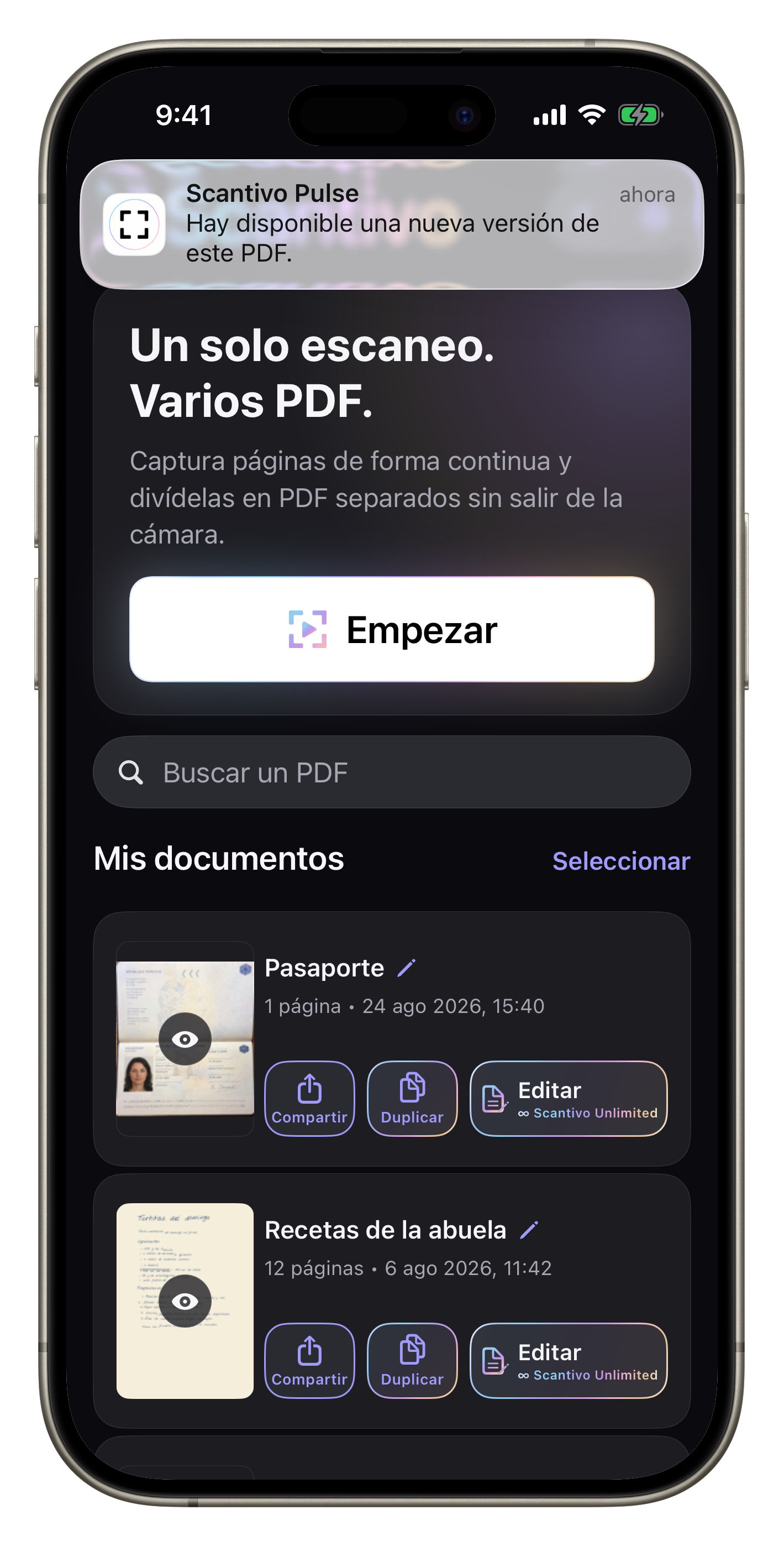 Pantalla completa de Scantivo con una notificación del sistema de Scantivo Pulse