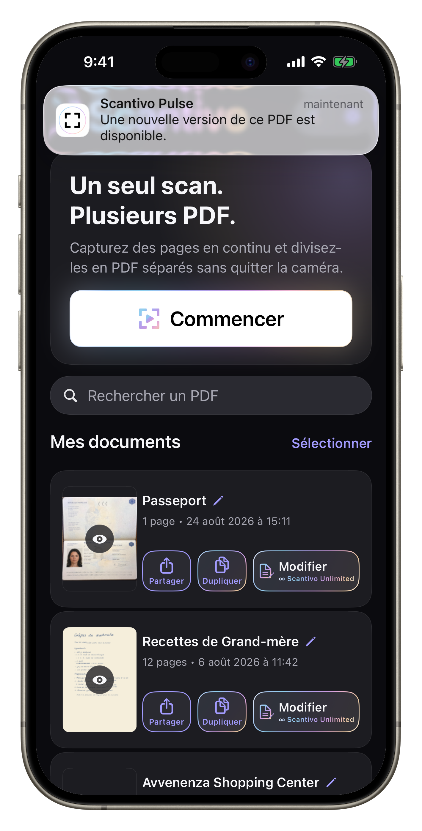Écran complet de Scantivo avec une notification système Scantivo Pulse